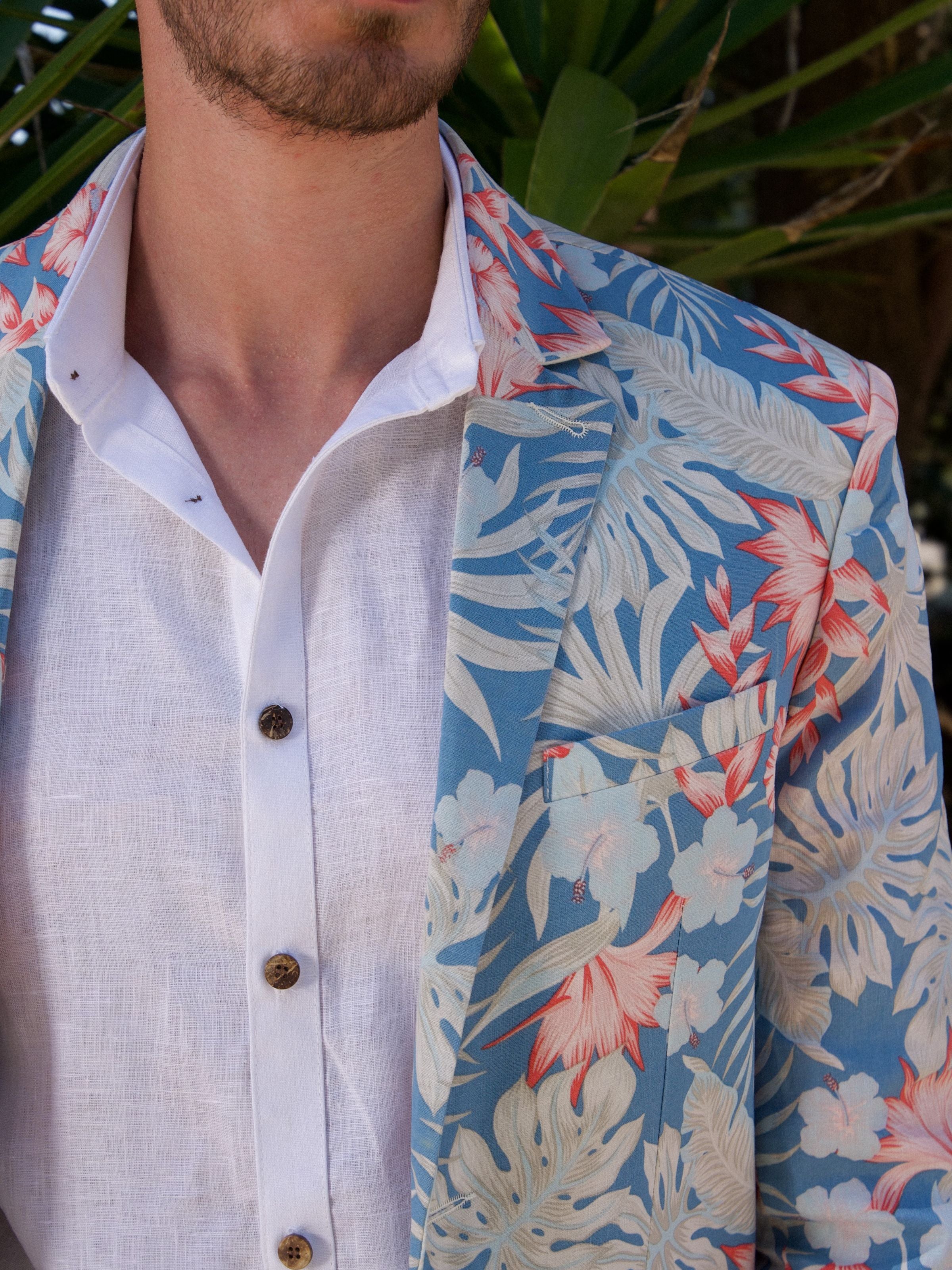 Antigua Hawaiian Linen Jacket - Blue/Orange