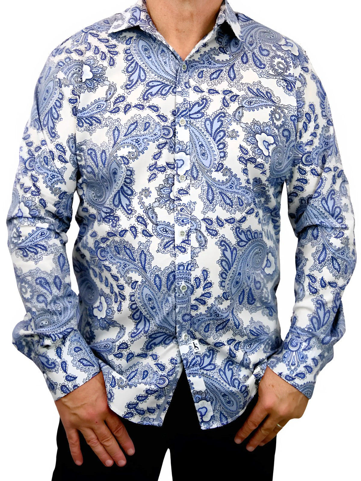 Blue Bone Paisley Cotton L/S Big Mens Shirt - White/Blue
