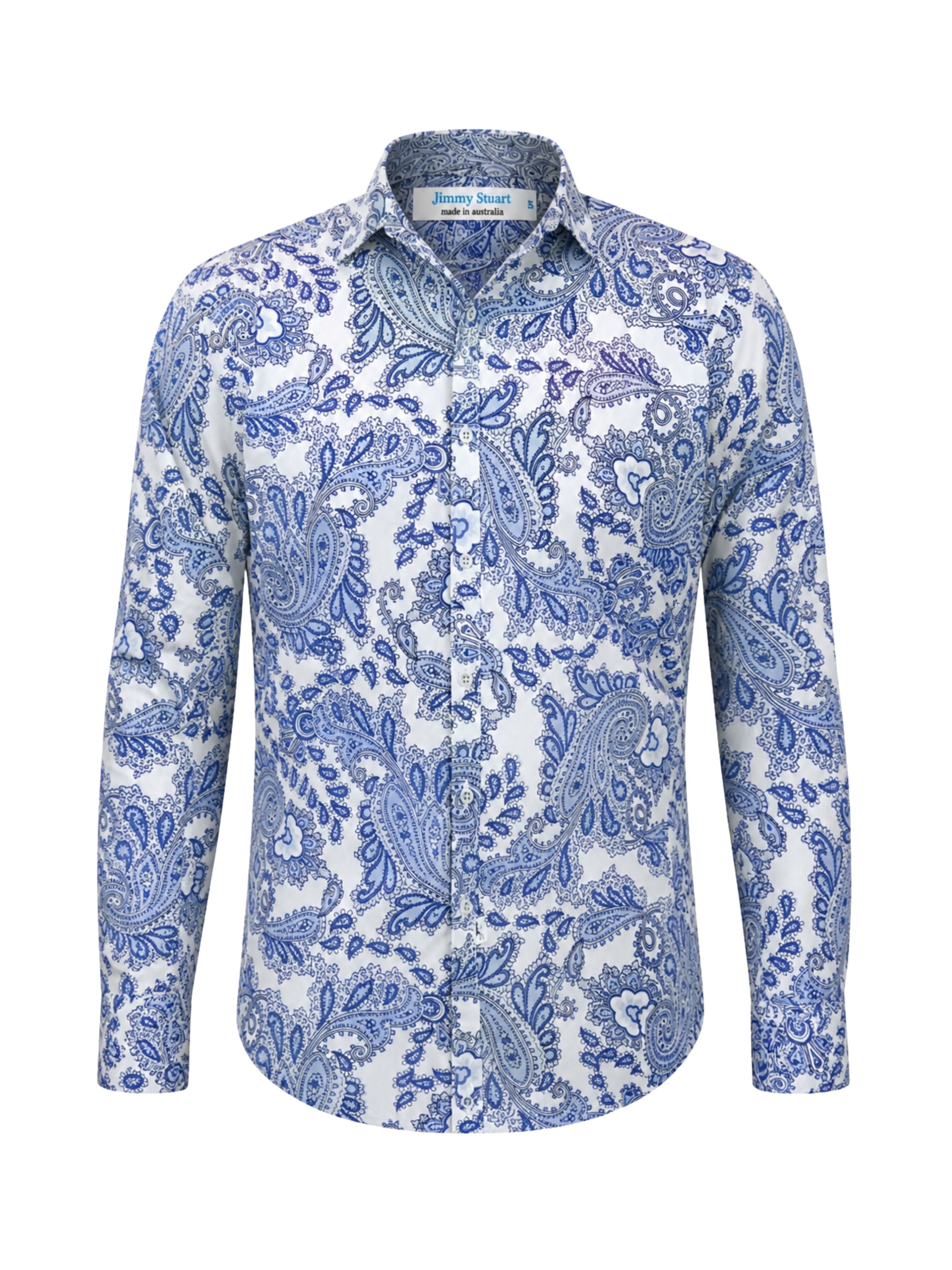 Blue Bone Paisley Cotton L/S Big Mens Shirt - White/Blue