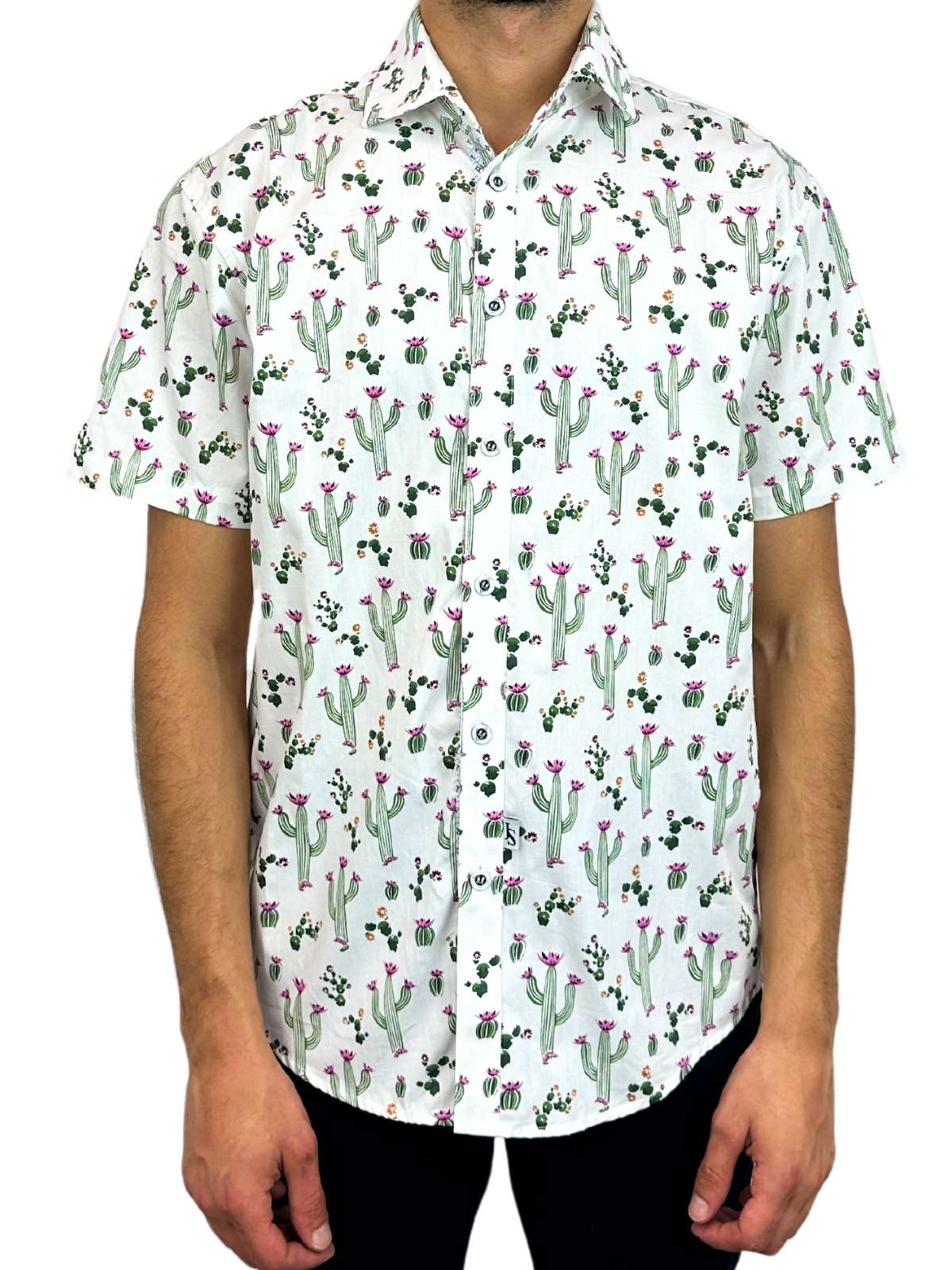 Cactus Abstract Cotton S/S Big Mens Shirt - Green/White