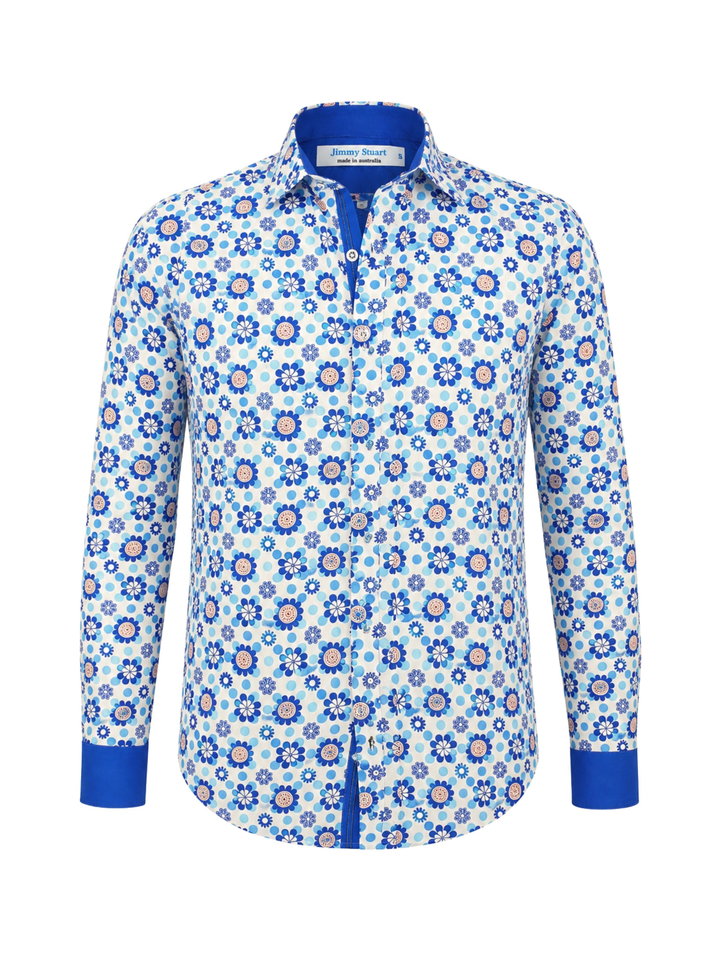 Catalina Floral Cotton L/S Big Mens Shirt - Blue/White