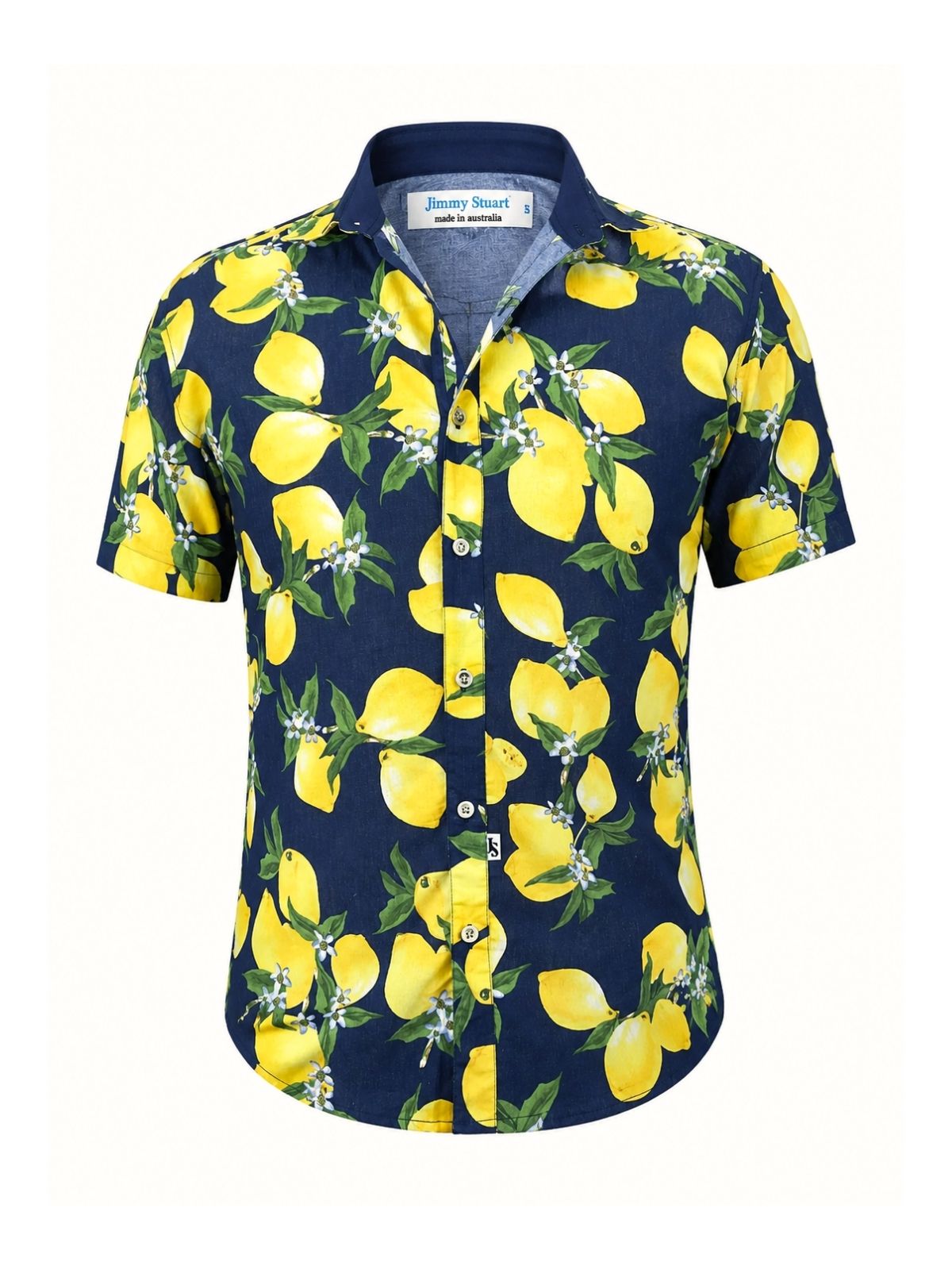 Citrus Abstract Cotton Voile S/S Big Mens Shirt - Navy/Yellow