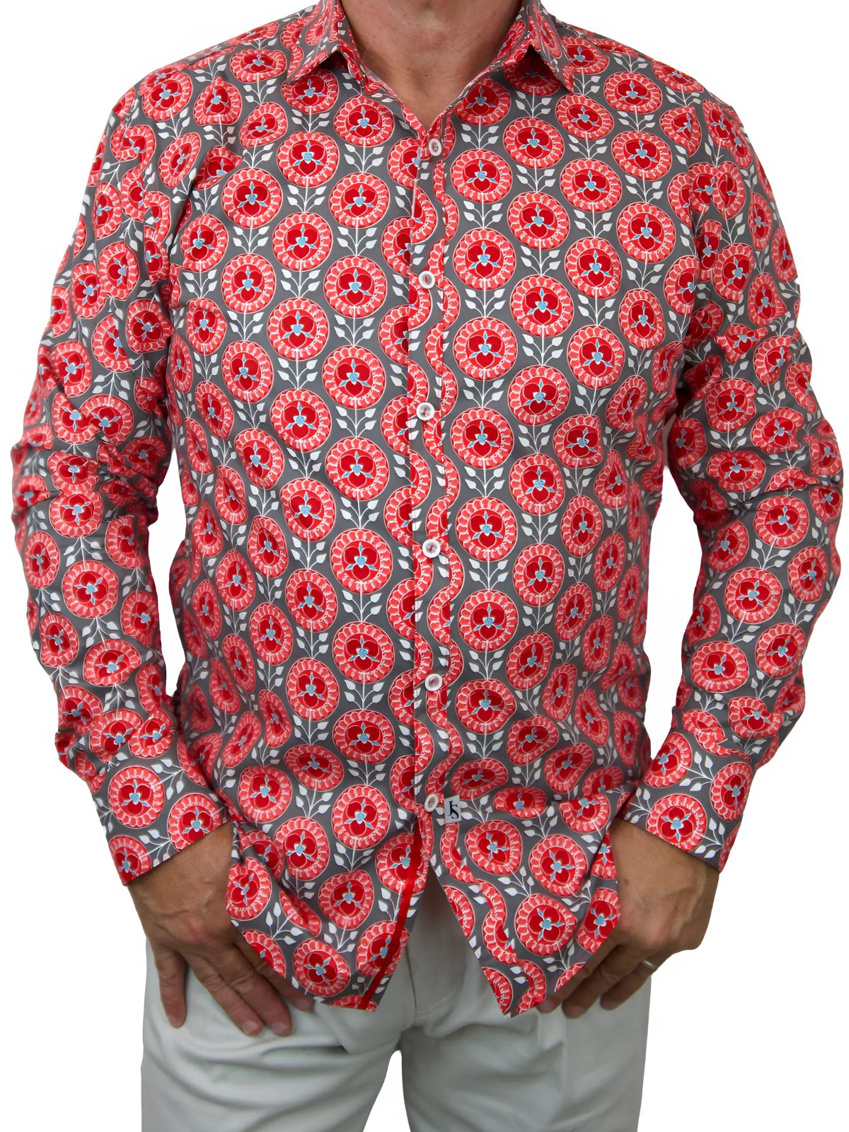 Dahlia Geometric Cotton L/S Big Mens Shirt - Red