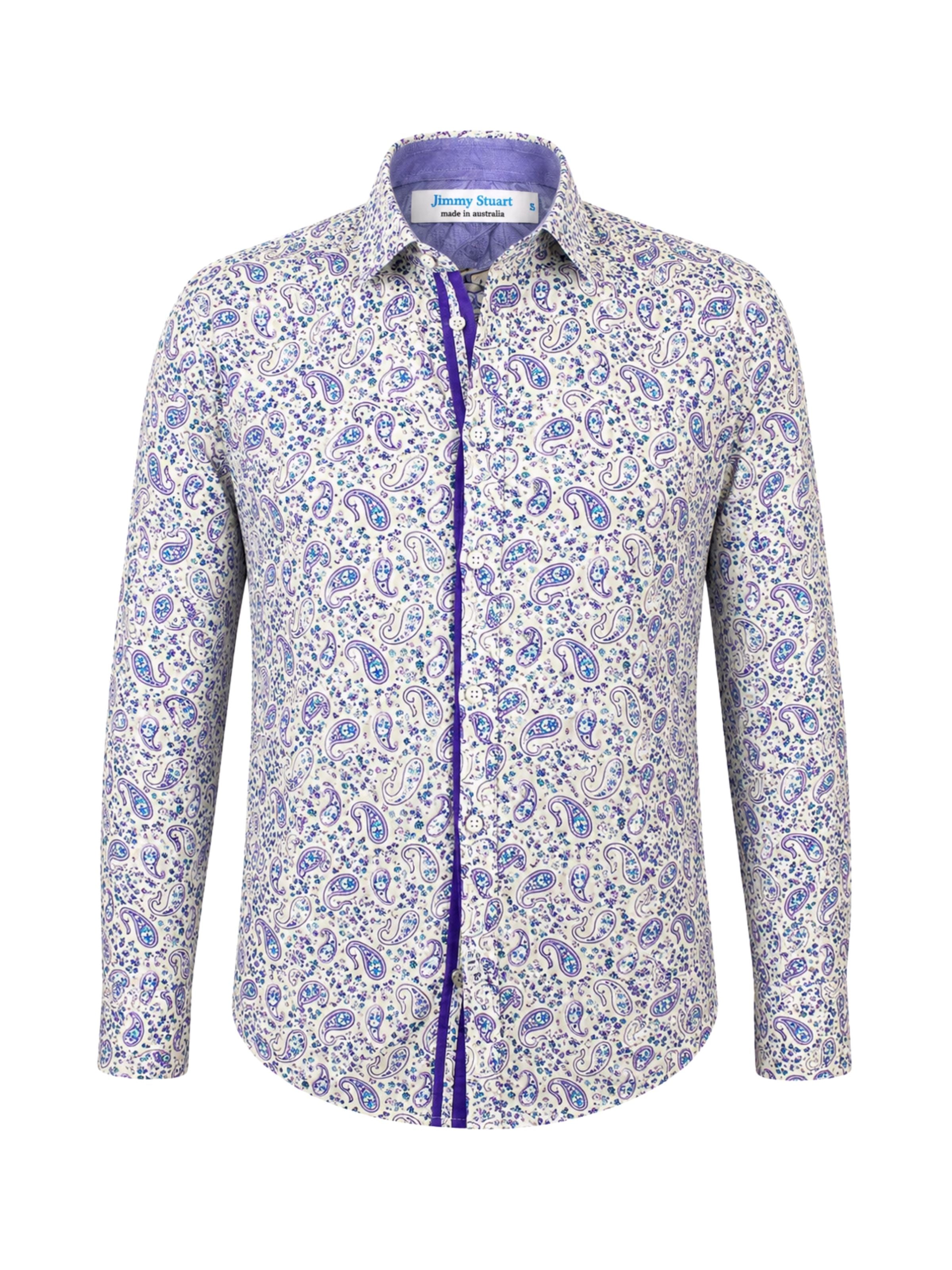 Dexy Paisley Cotton Big Mens L/S Shirt - Cream/Purple