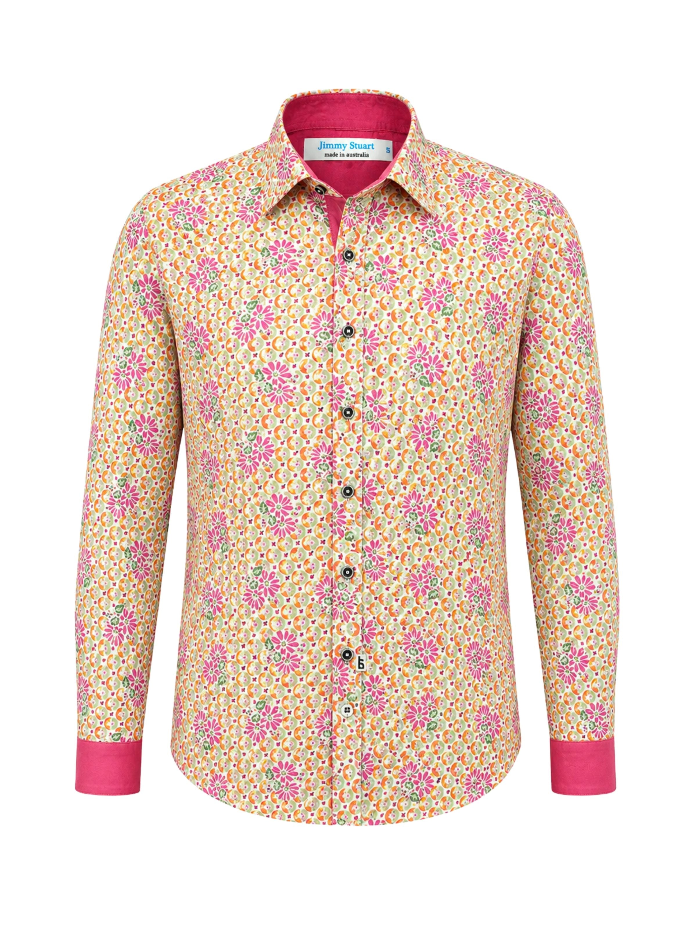 Elton Geometric Cotton L/S Shirt - Orange/Pink