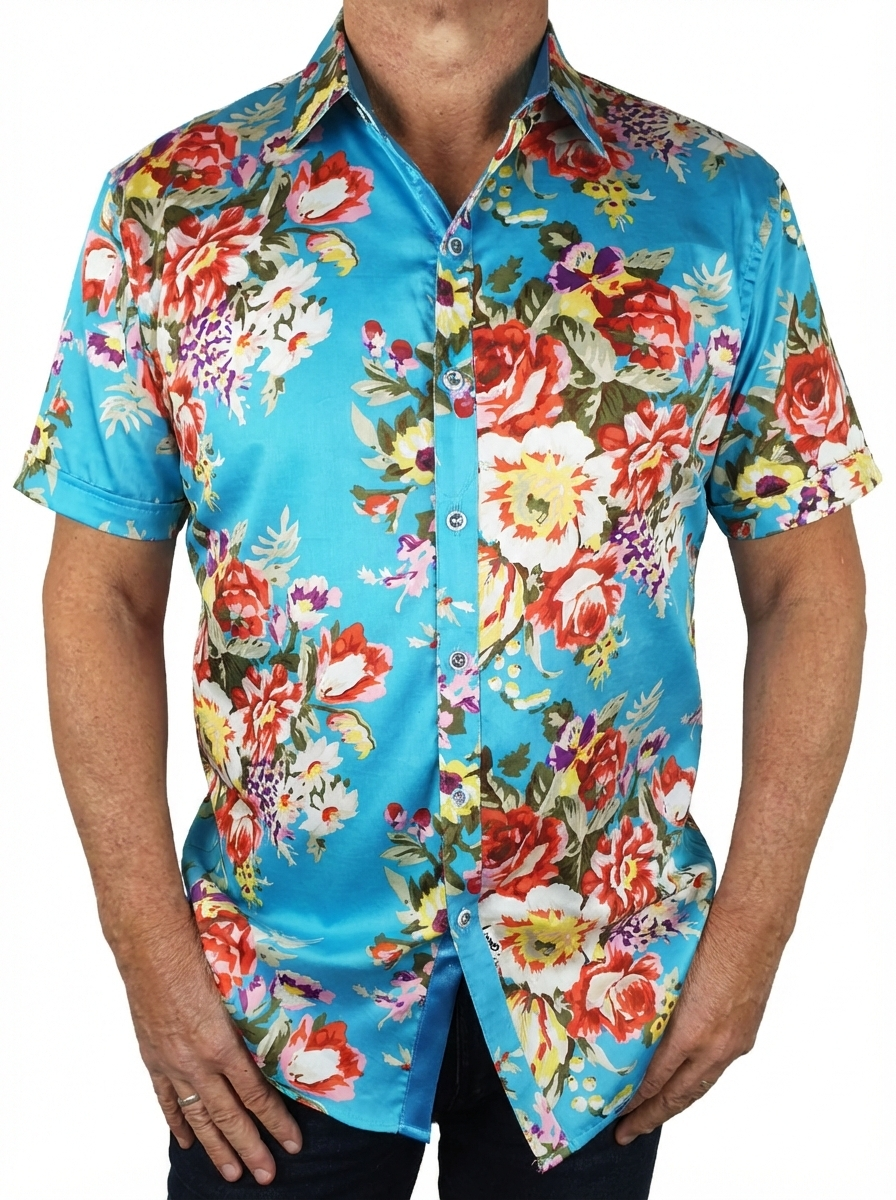 Ocean Rose Floral Cotton S/S Big Mens Shirt - Blue