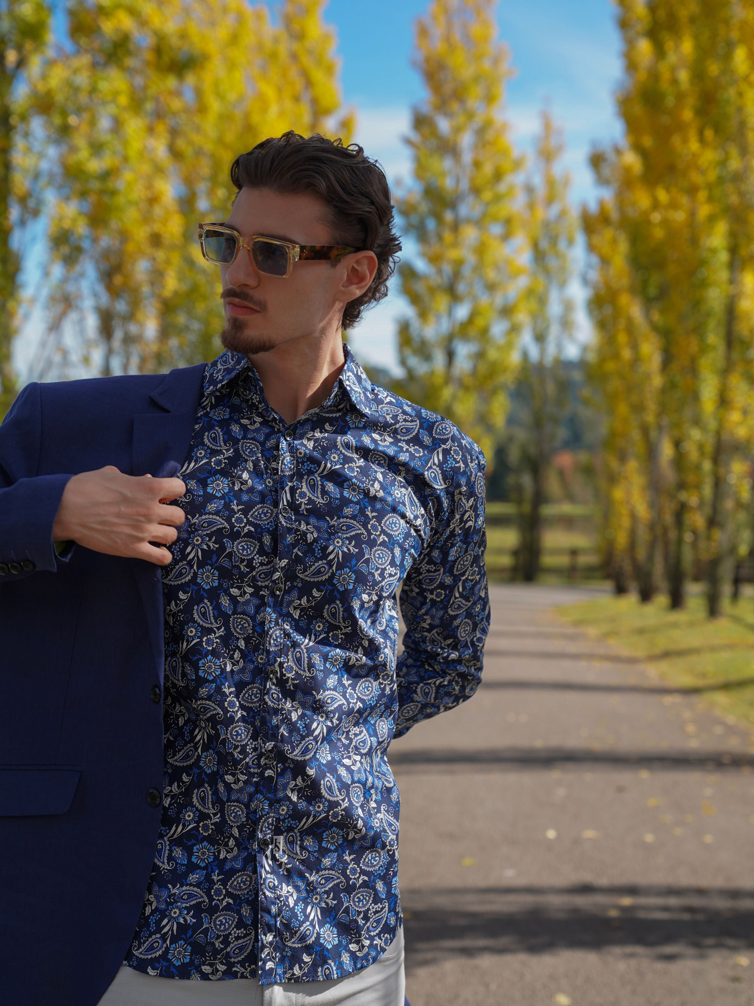 Indigo Paisley Cotton L/S Big Mens Shirt - Navy