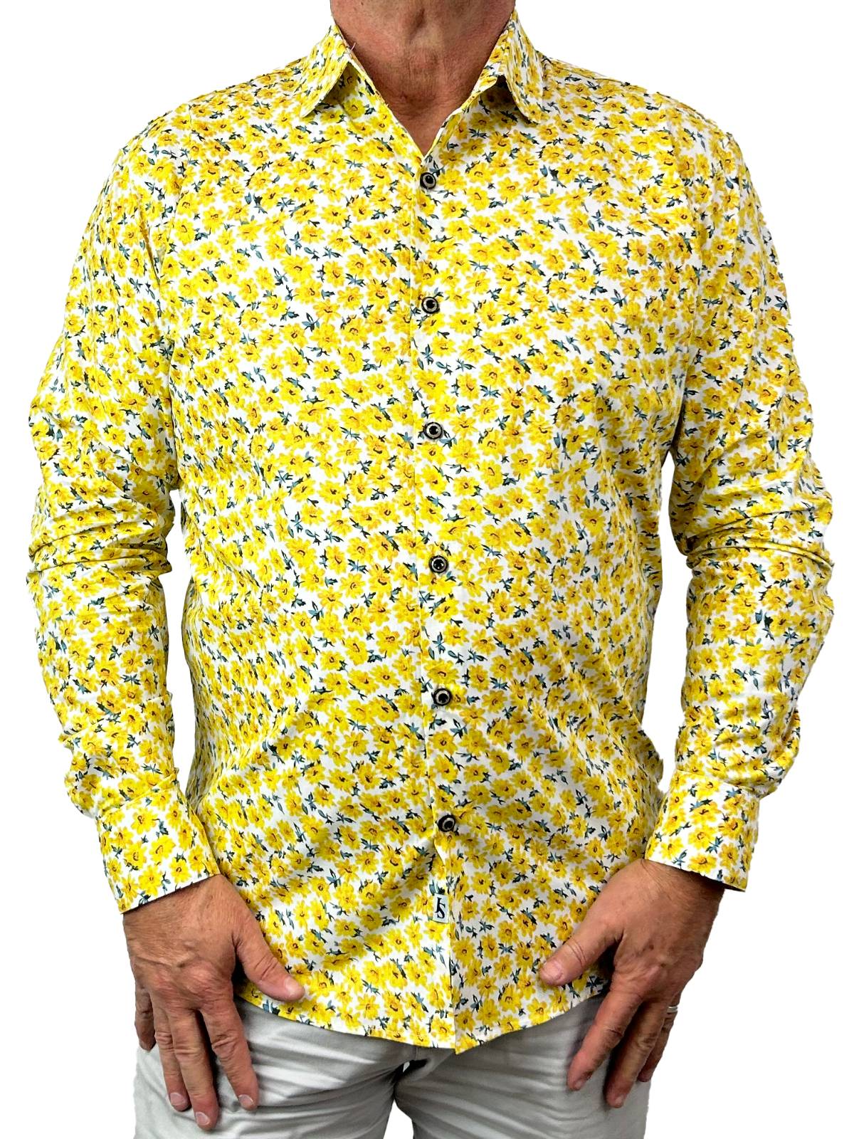 Iris Floral Cotton L/S Big Mens Shirt - Yellow