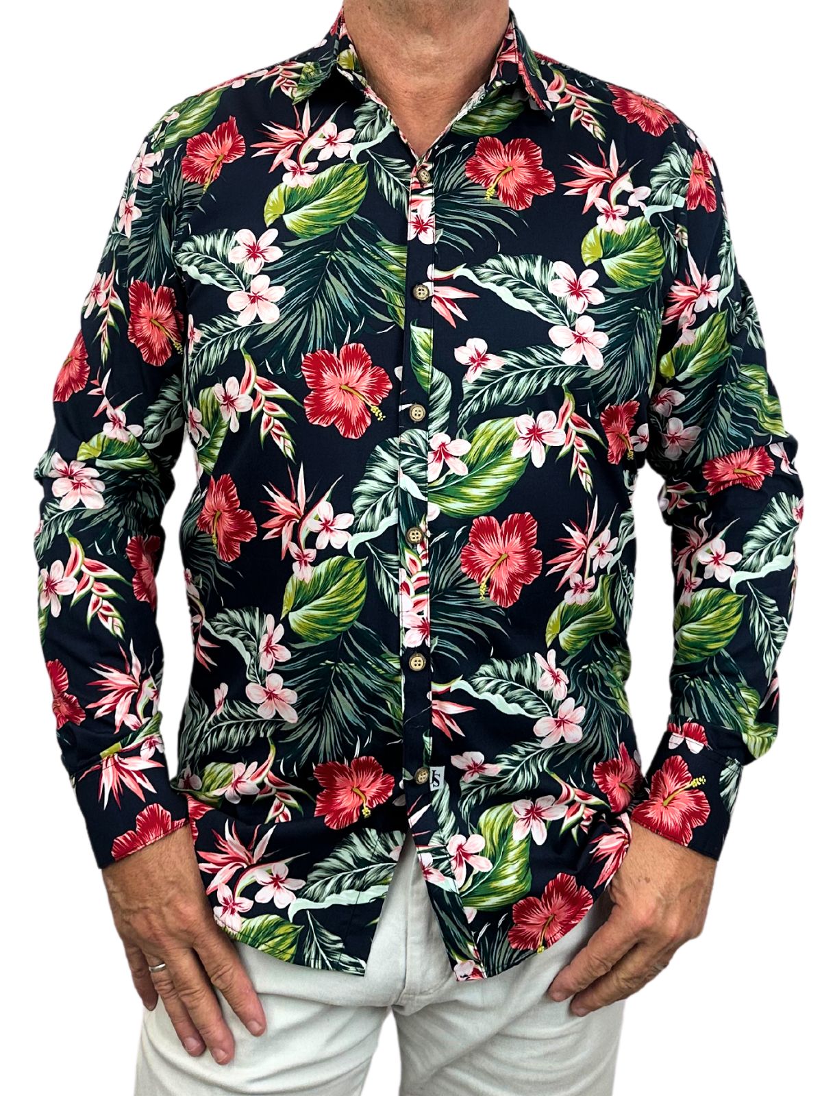 Mahalo Hawaiian Cotton L/S Shirt - Navy