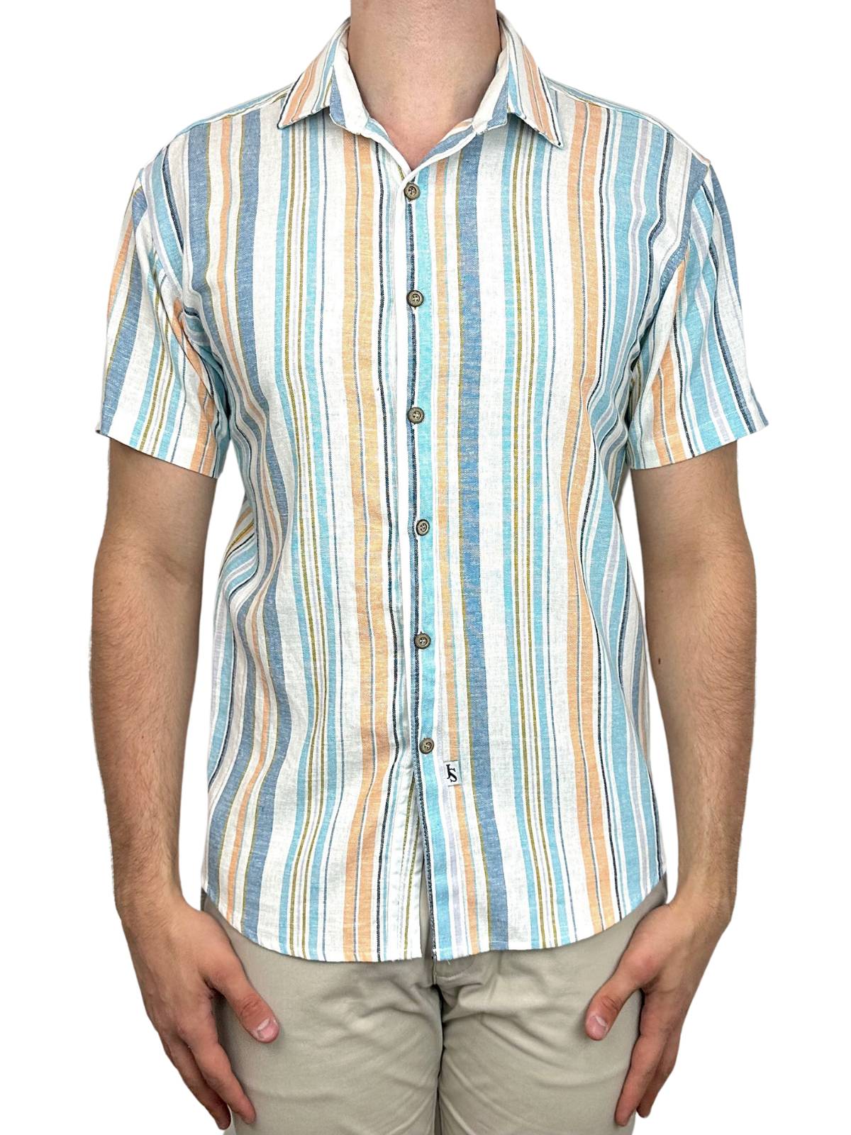 Palermo Stripe Linen S/S Shirt - Blue/Orange