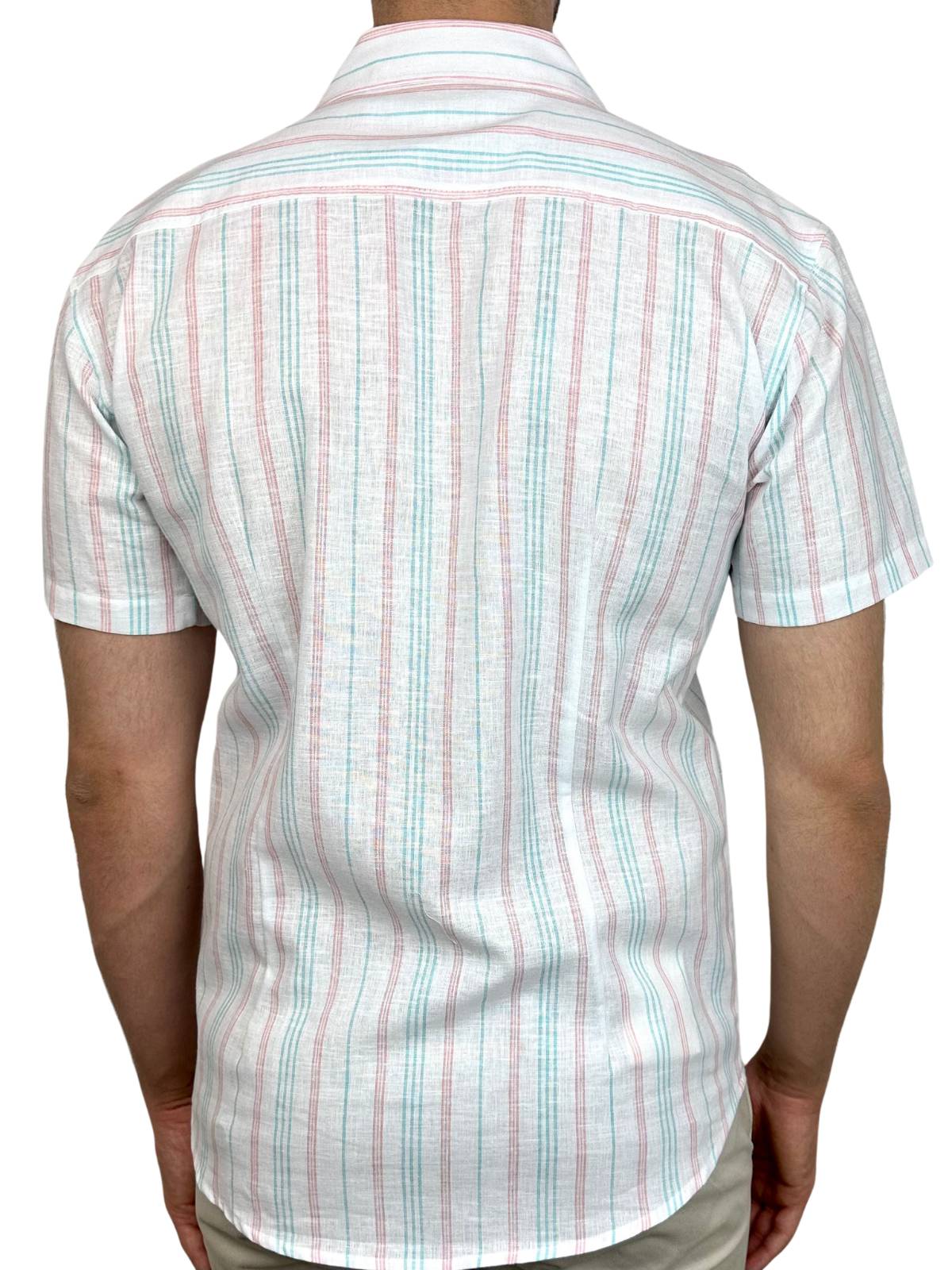 Positano Stripe Linen S/S Big Mens Shirt - Blue/Pink/White