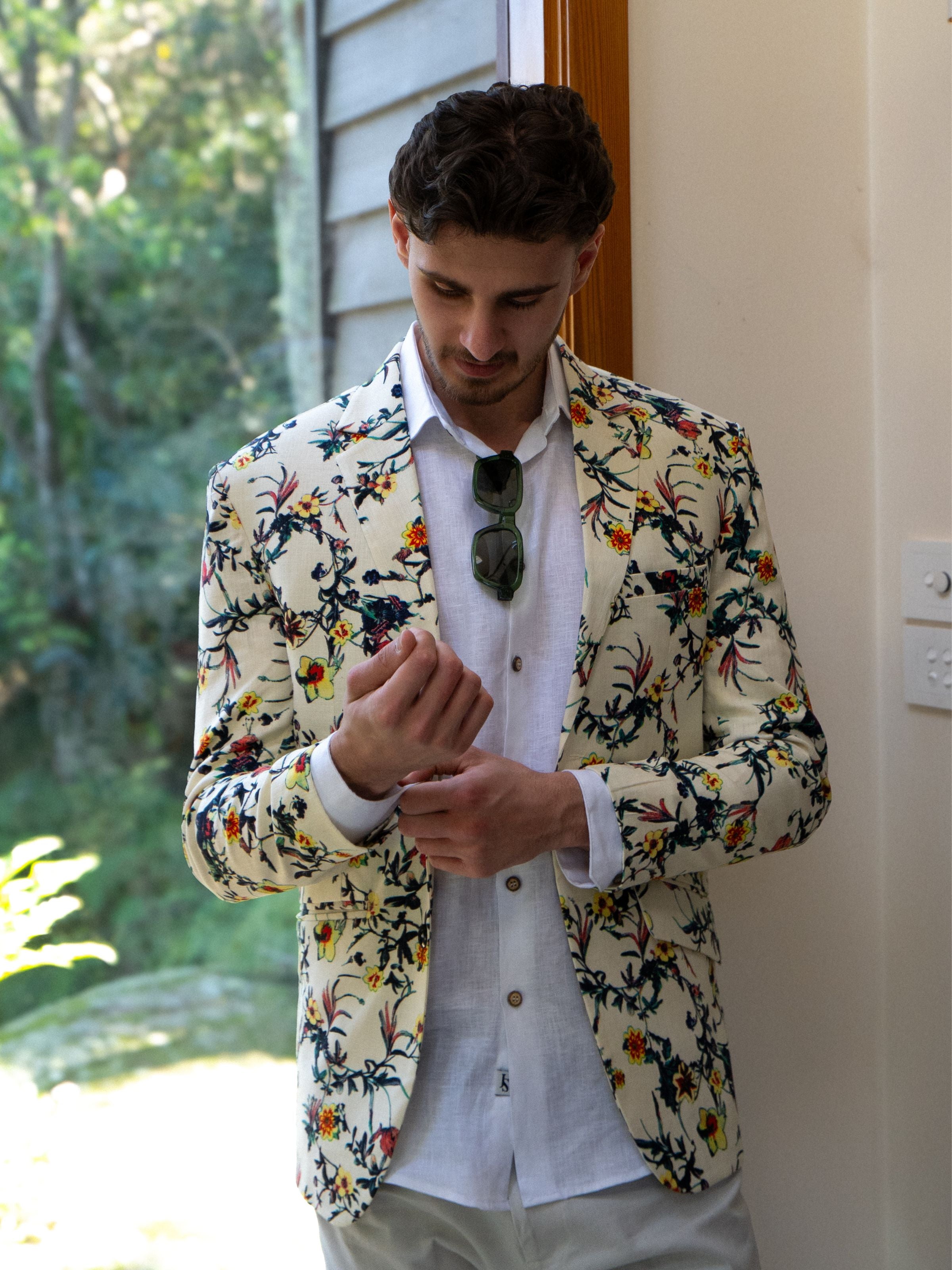 Saffron Floral Linen Jacket - Cream