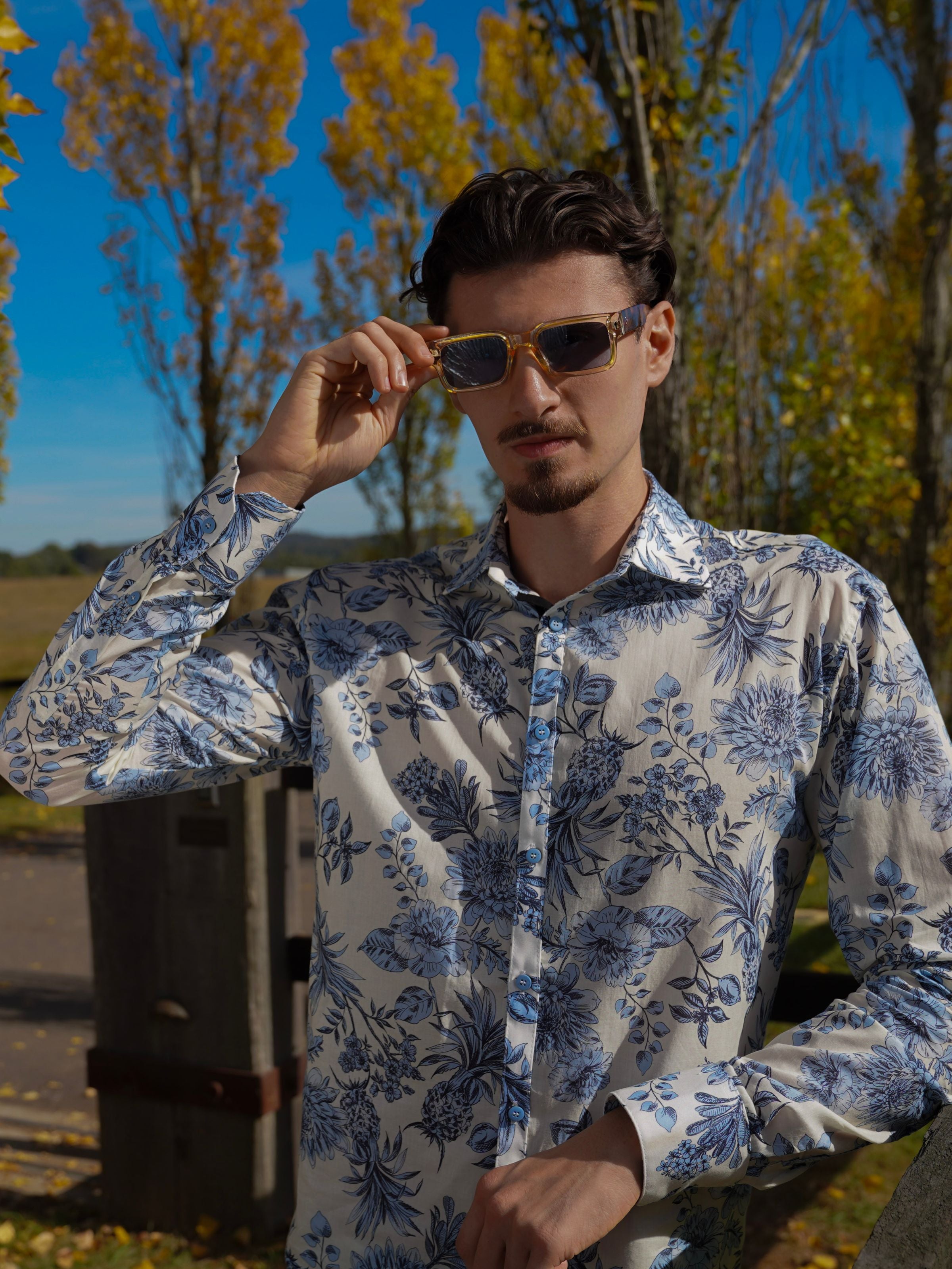 Soffa Floral Cotton L/S Shirt - Ivory/Blue