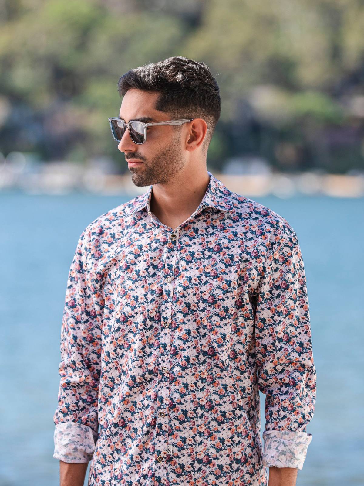 Thrive Floral Cotton L/S Big Mens Shirt - Pink/Navy