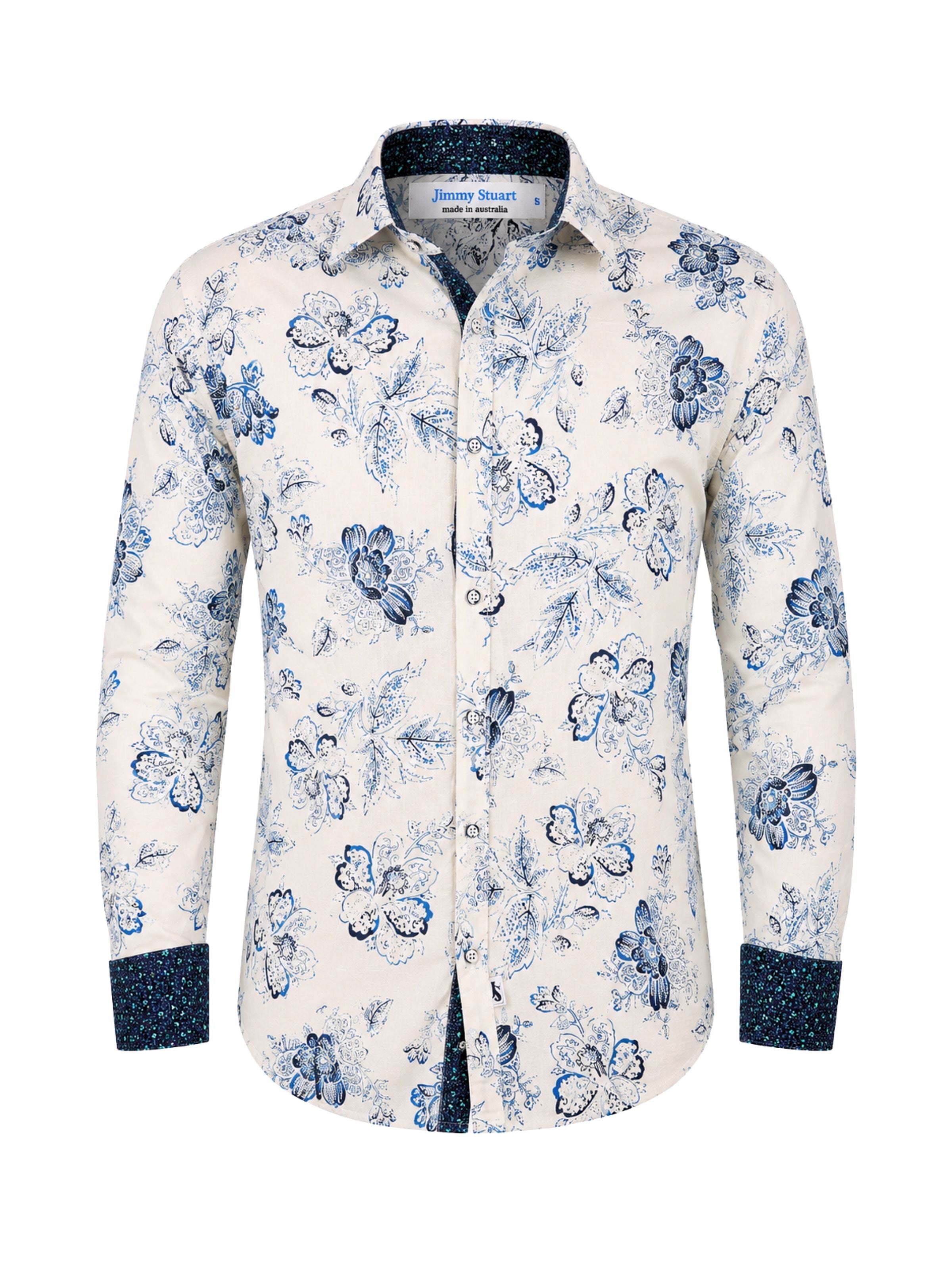 Transfer Floral Cotton L/S Shirt - White/Blue