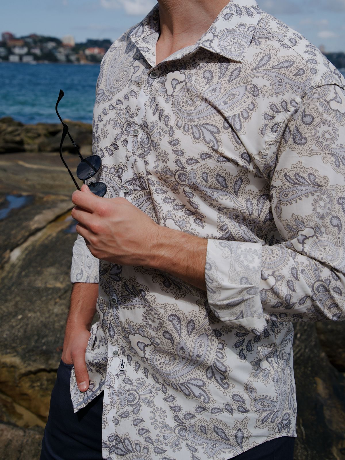 White Bone Paisley Cotton L/S Shirt - Grey