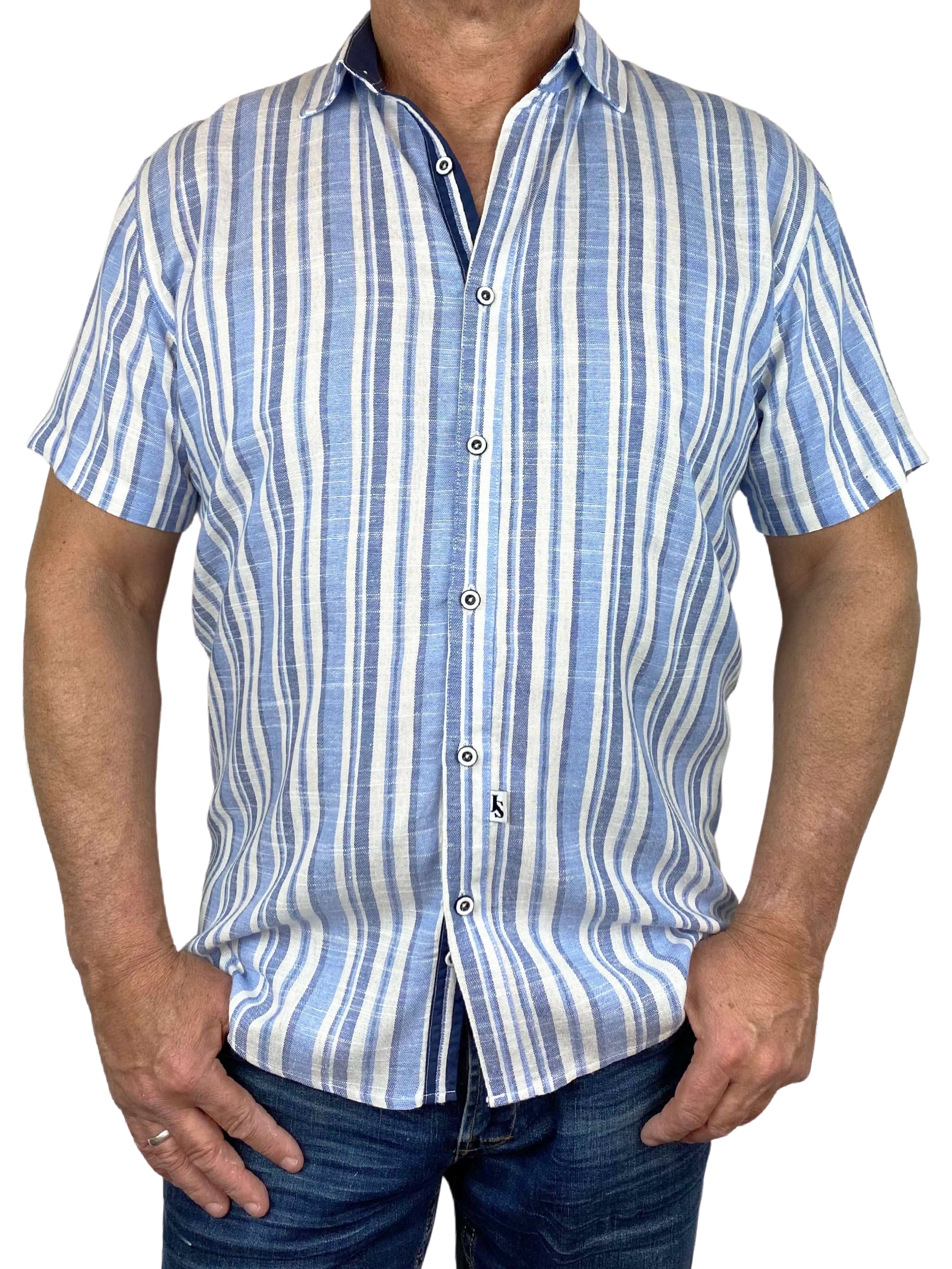 Avalon Stripe Linen S/S Big Mens Shirt - Blue/White