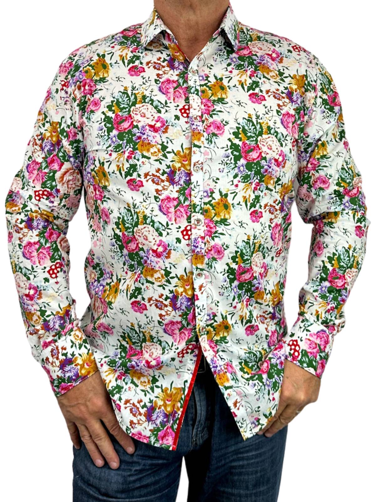 Bouquet Floral Cotton L/S Big Mens Shirt - Pink/White