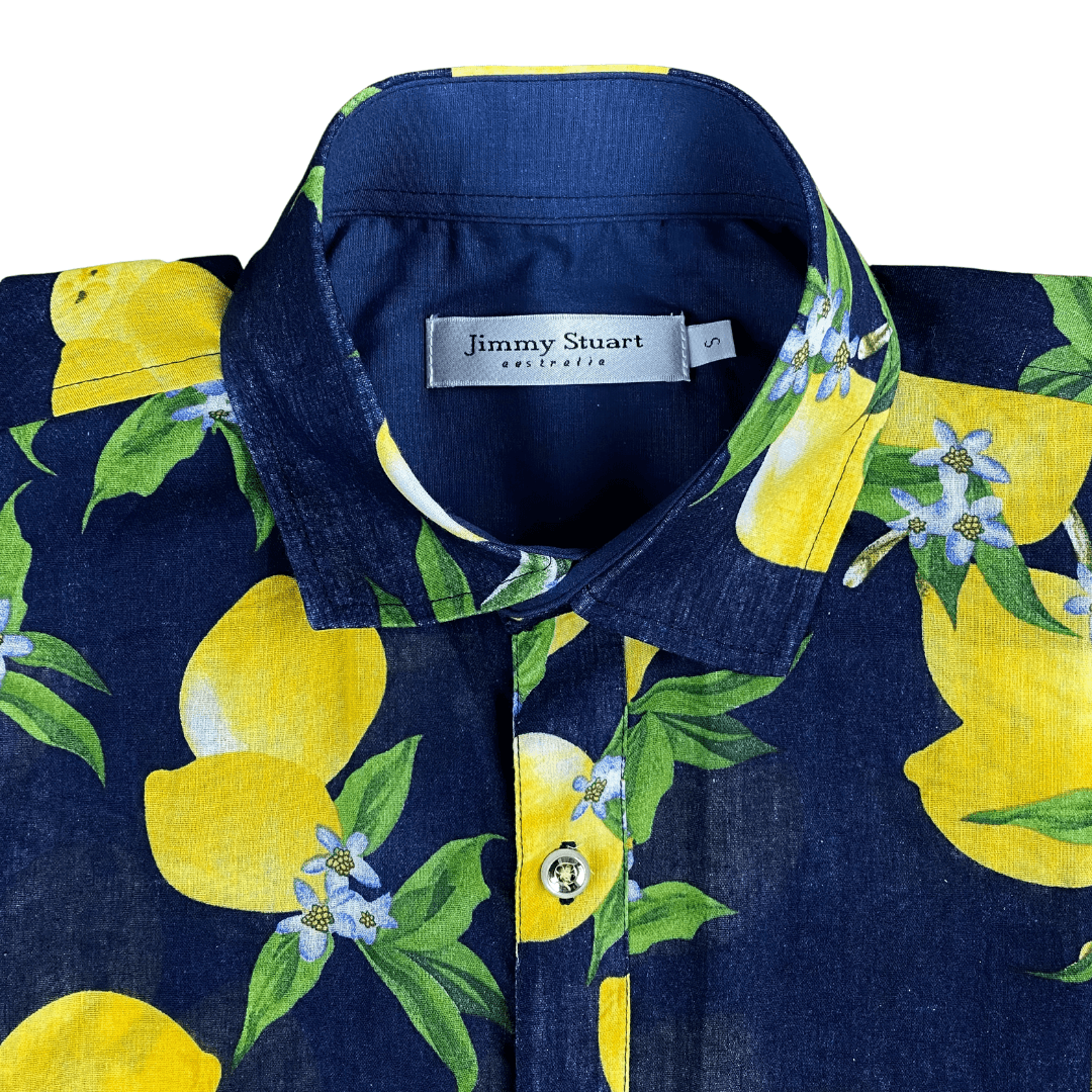 Citrus Abstract Cotton Voile S/S Big Mens Shirt - Navy/Yellow