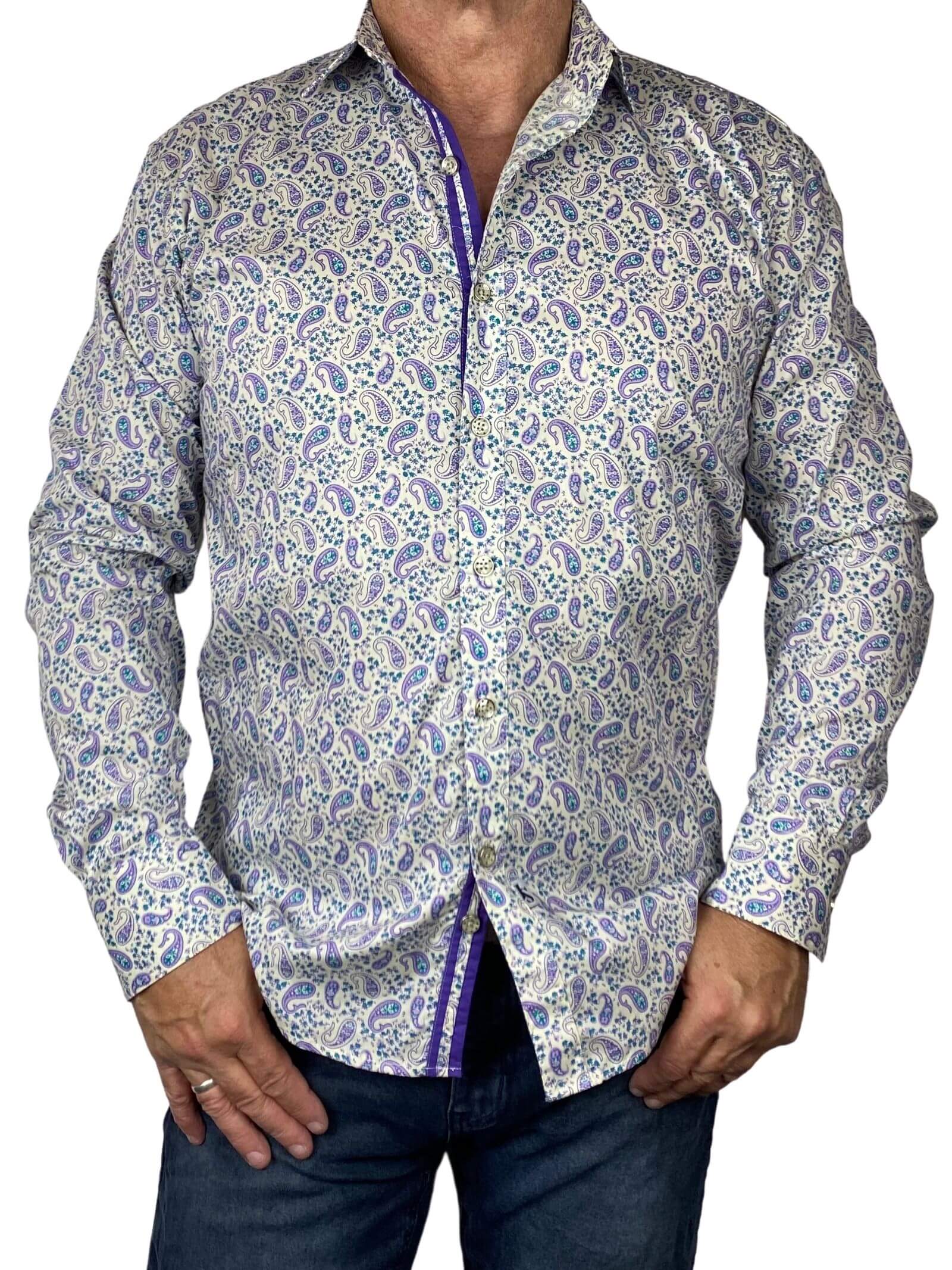 Dexy Paisley Cotton Big Mens L/S Shirt - Cream/Purple