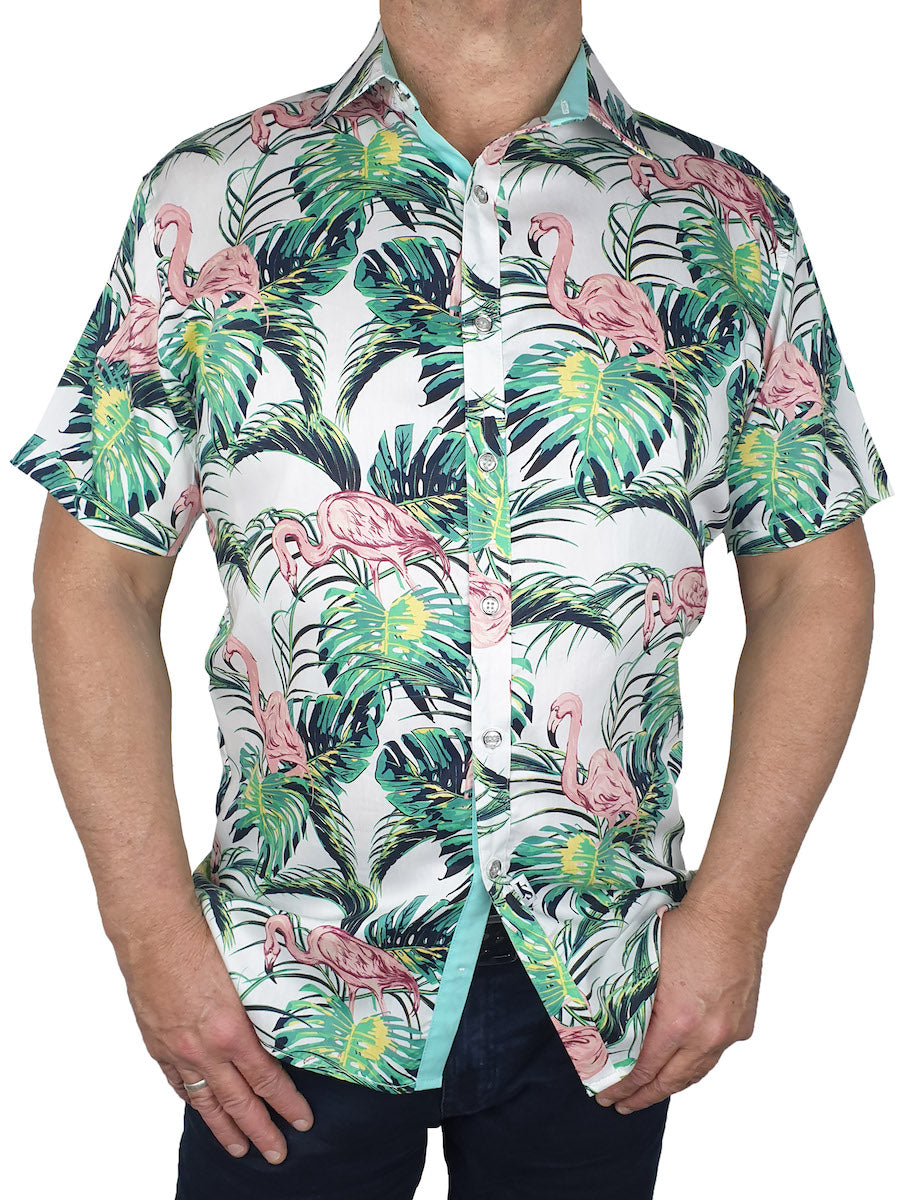 Flamingos Hawaiian Cotton/Rayon S/S Shirt - Green/Pink