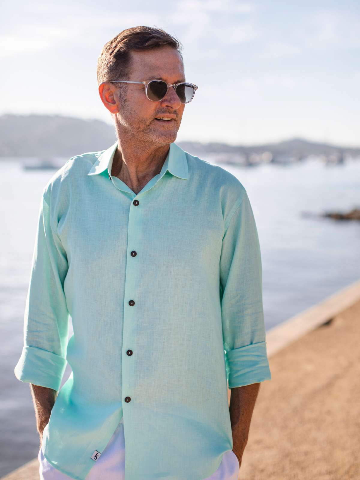 Byron Bay Ice Blue Linen L/S Big Mens Shirt