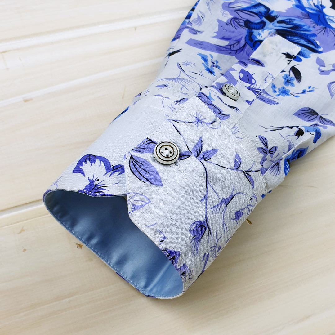 Jacaranda Floral Cotton Voile L/S Shirt - White/Blue/Purple