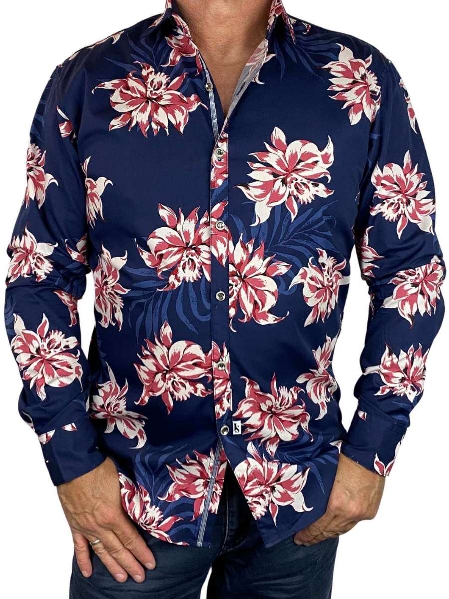 Lotus Cotton Floral L/S Shirt - Navy/Pink