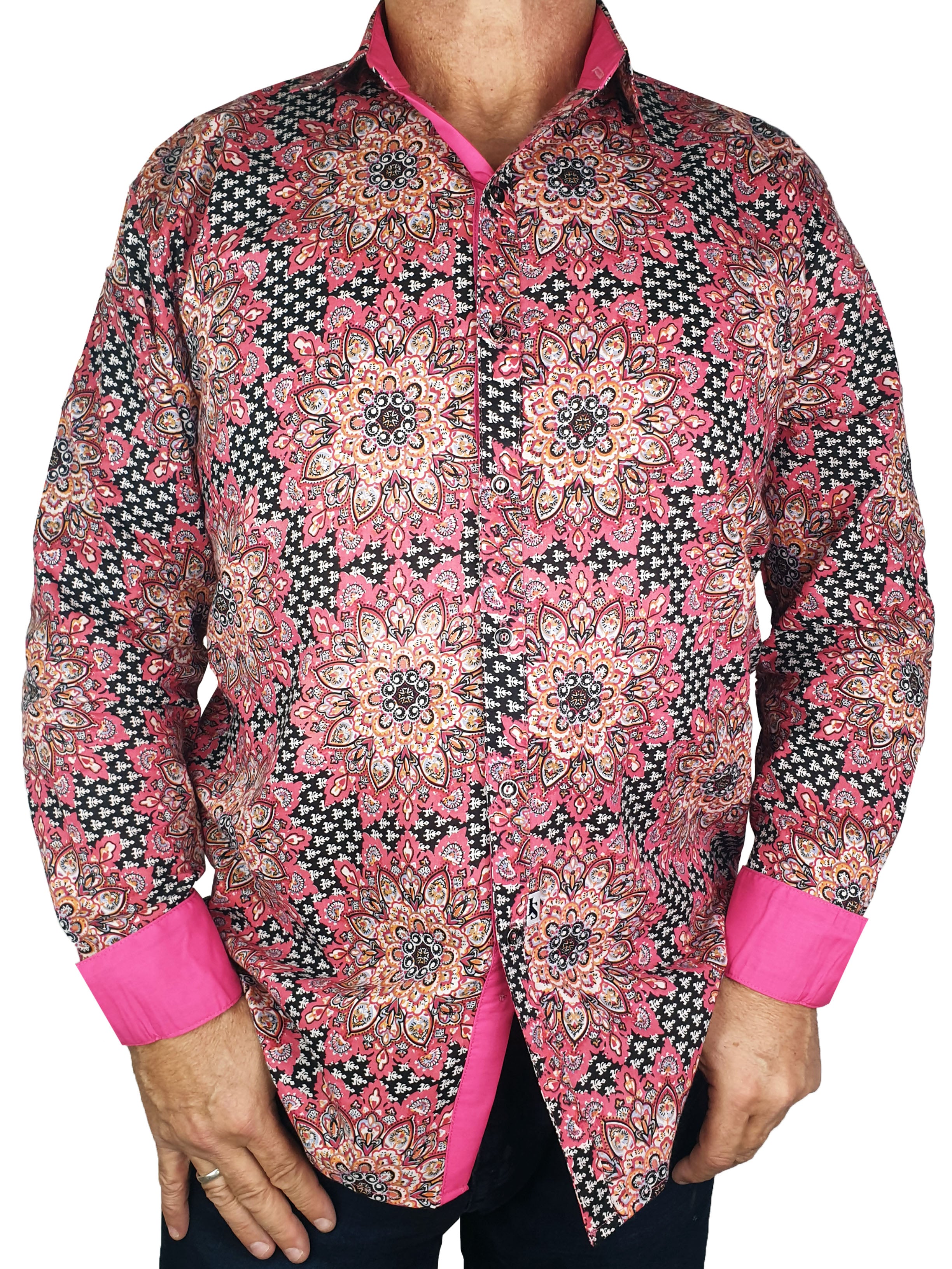 Mandala Abstract Cotton L/S Big Mens Shirt - Pink