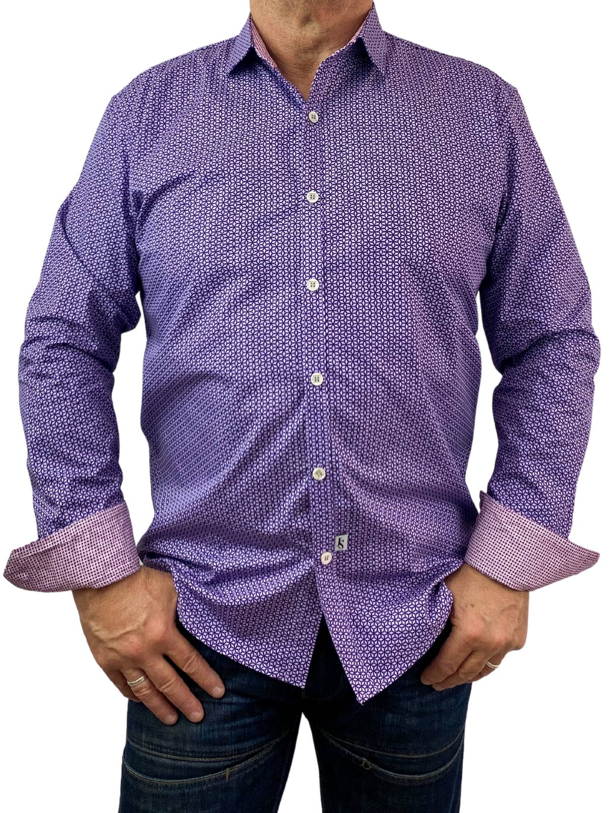 Benz Geometric Cotton L/S Big Mens Shirt - Purple