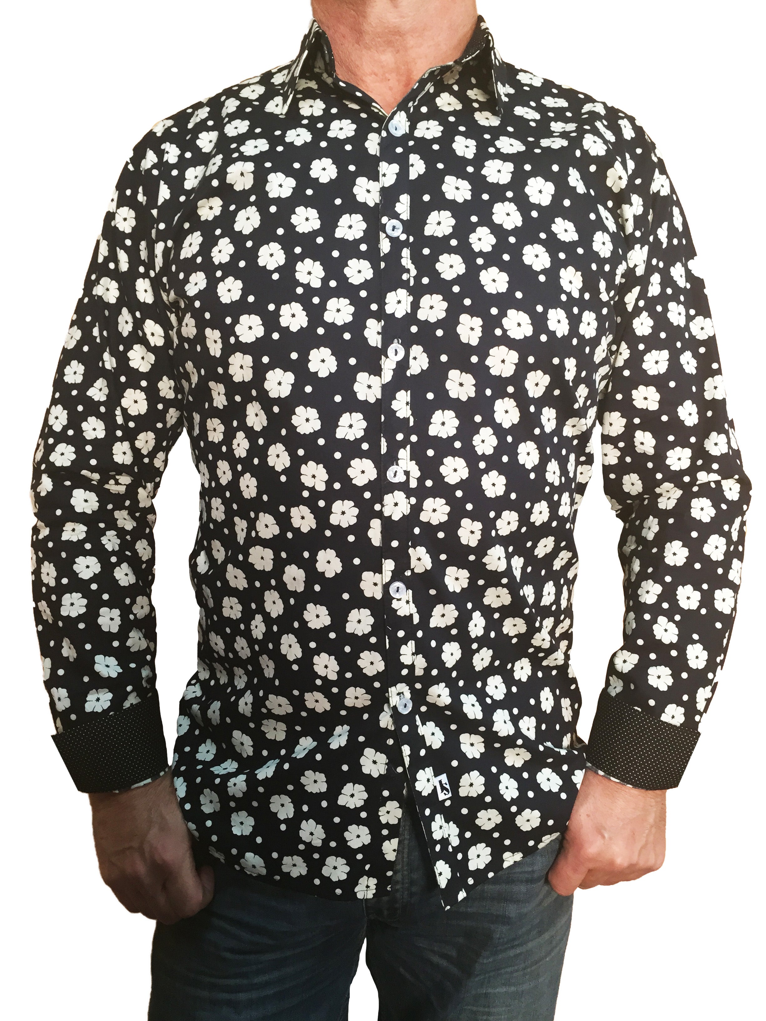 Noir Floral Cotton L/S Big Mens Shirt - Black/Cream