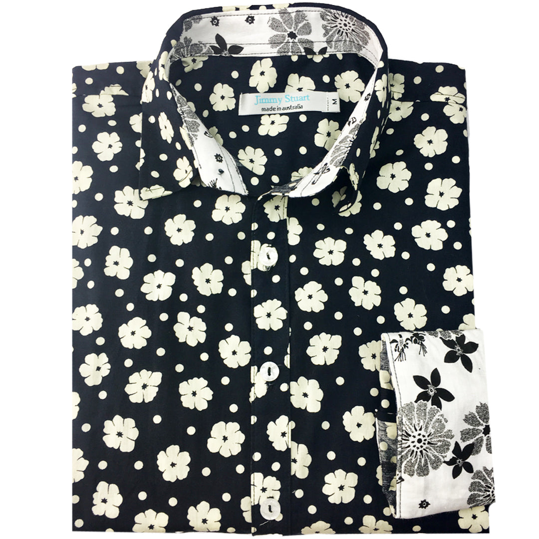 Noir Floral Cotton L/S Big Mens Shirt - Black/Cream