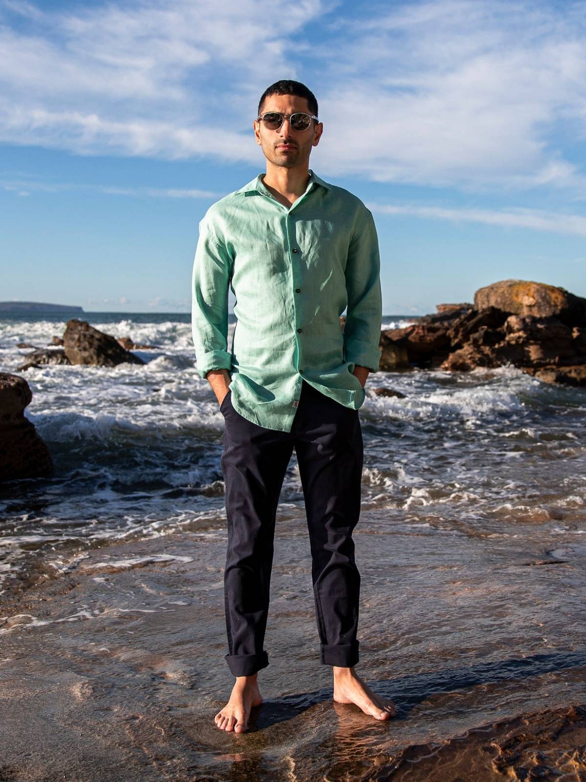 Byron Bay Sea Green Linen L/S Shirt