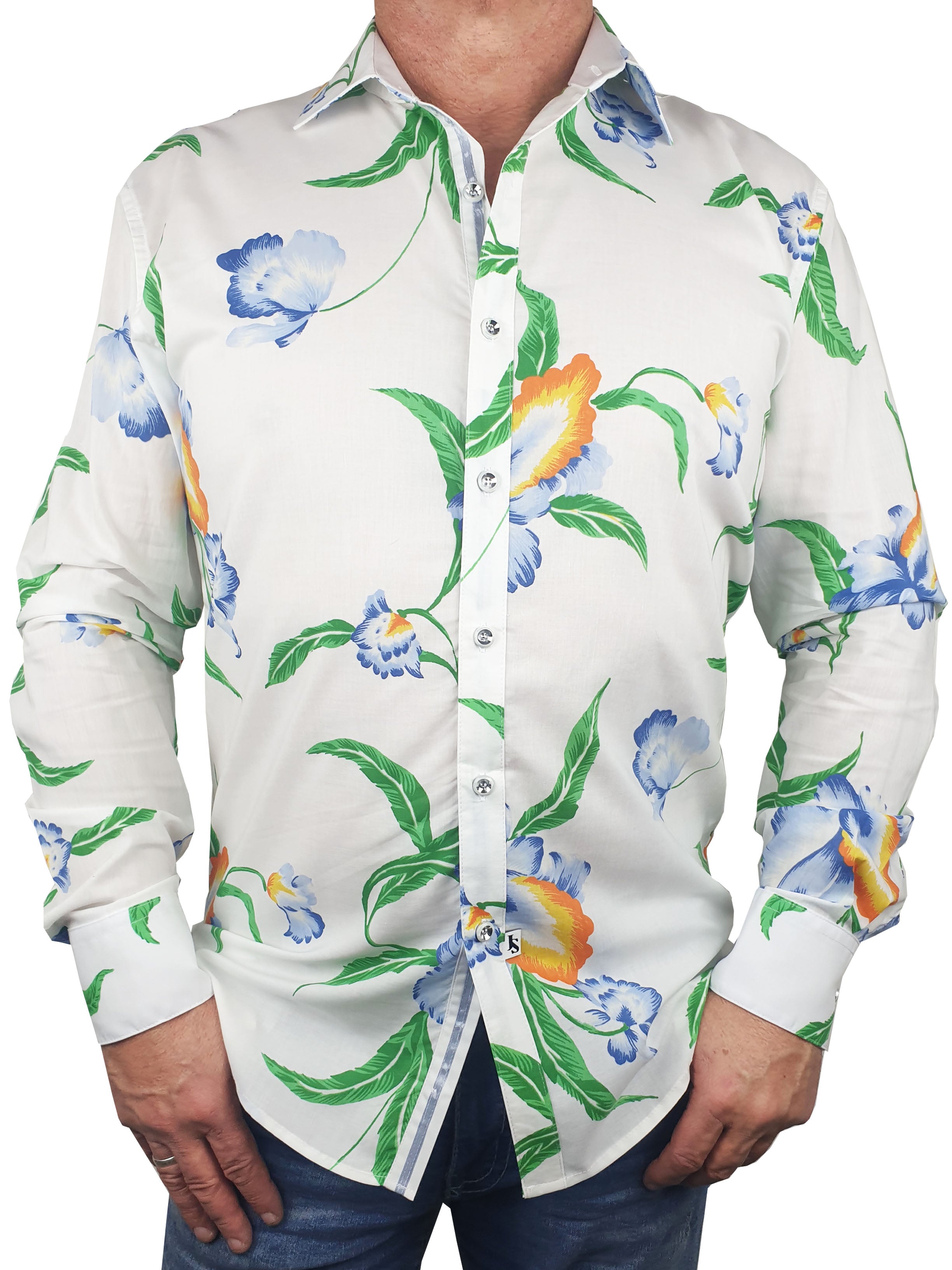 Tequila Sunrise Floral Cotton L/S Big Mens Shirt - Green/Blue/White