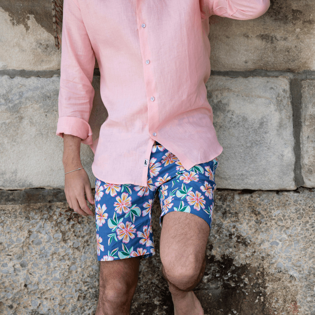 Frangipani Hawaiian Cotton Short - Blue/Pink