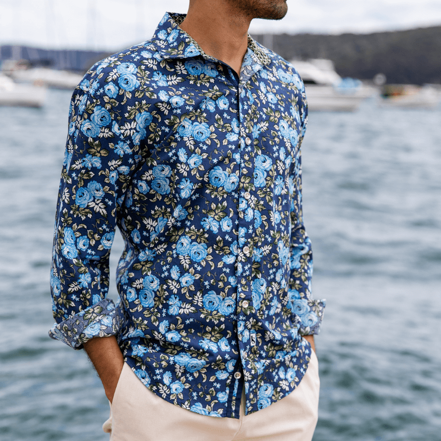 Bloom Floral Cotton L/S Big Mens Shirt - Blue