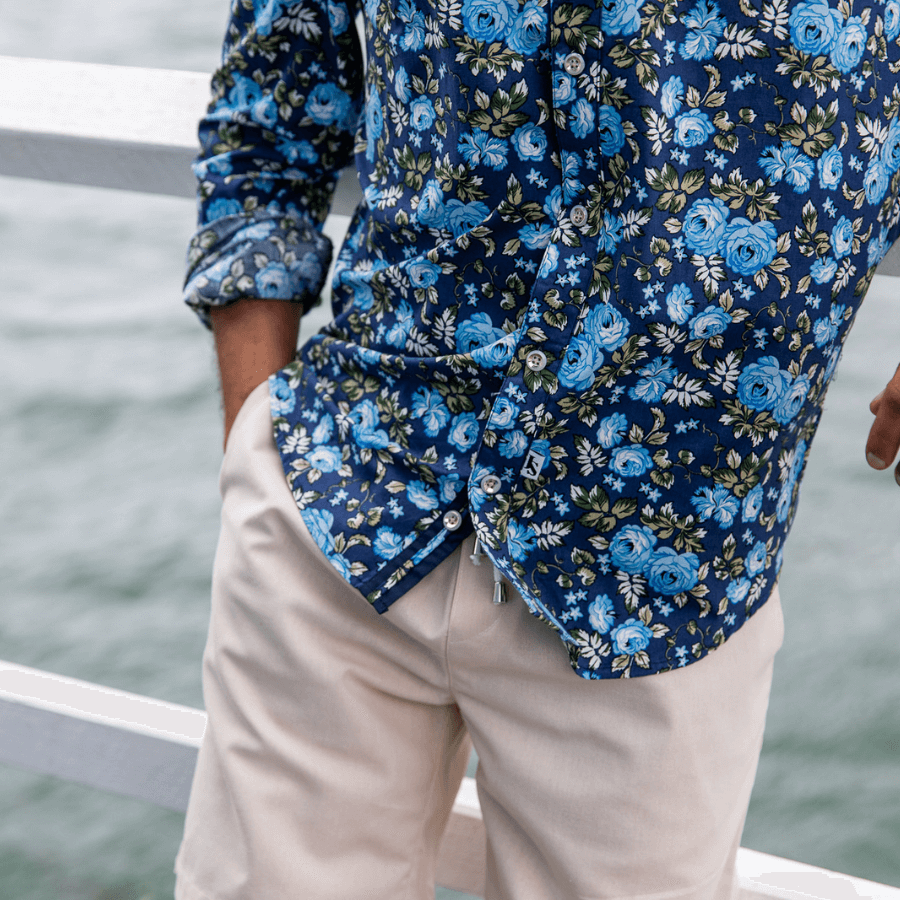 Bloom Floral Cotton L/S Big Mens Shirt - Blue
