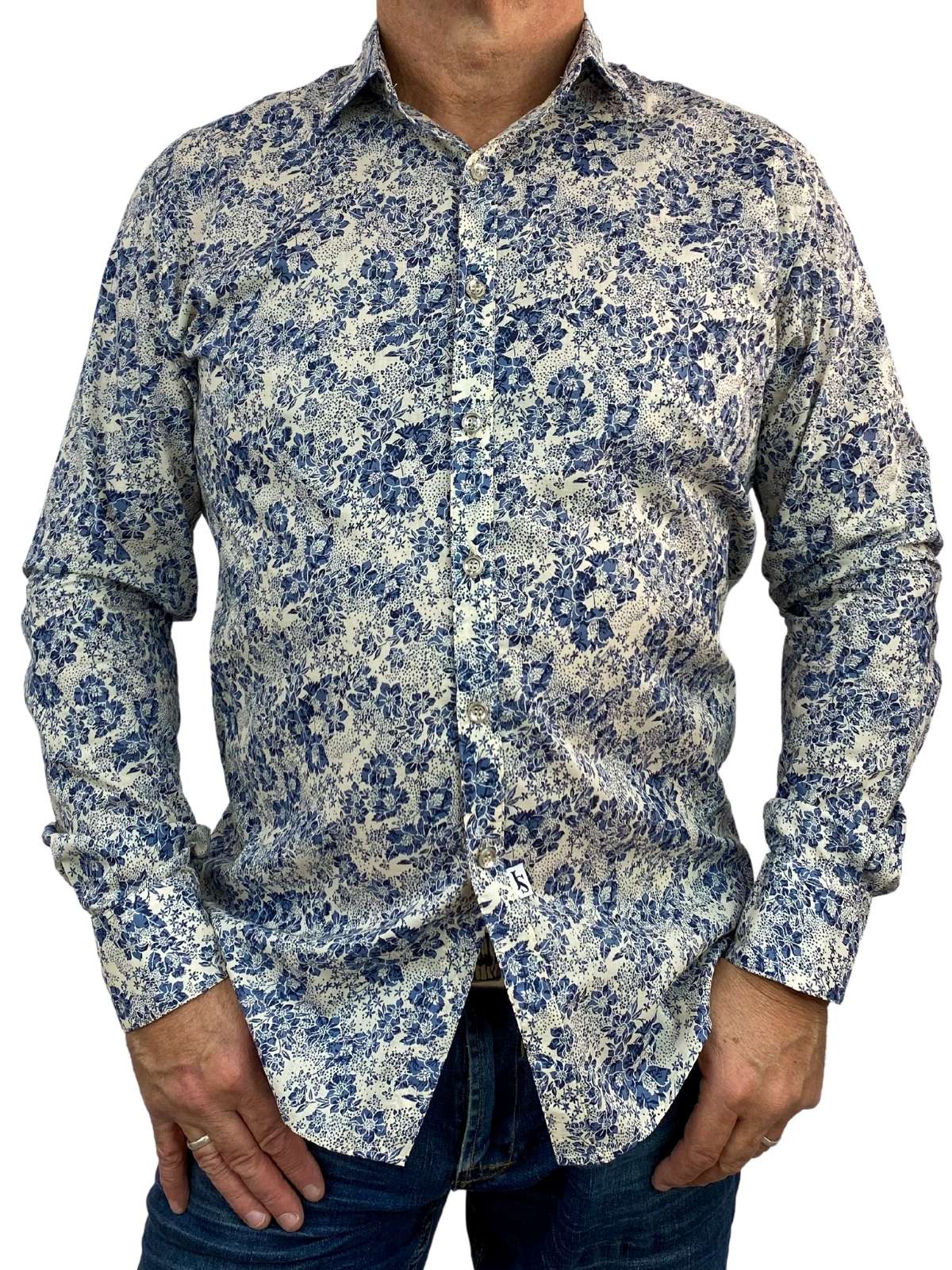 Vintage Floral Cotton L/S Big Mens Shirt - Navy/Cream
