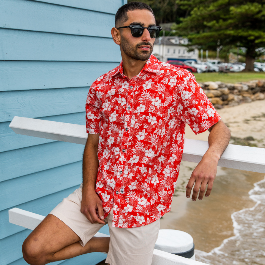 Miami Hawaiian Cotton S/S Shirt - Red/White