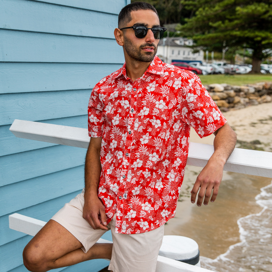 Miami Hawaiian Cotton S/S Big Mens Shirt - Red