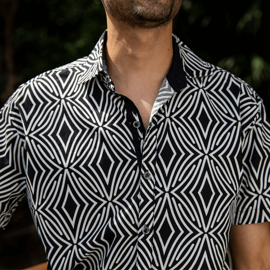 Zebra Abstract Cotton S/S Big Mens Shirt - Black/White