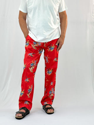 Red Cotton Resort Pant - Relaxed Fit