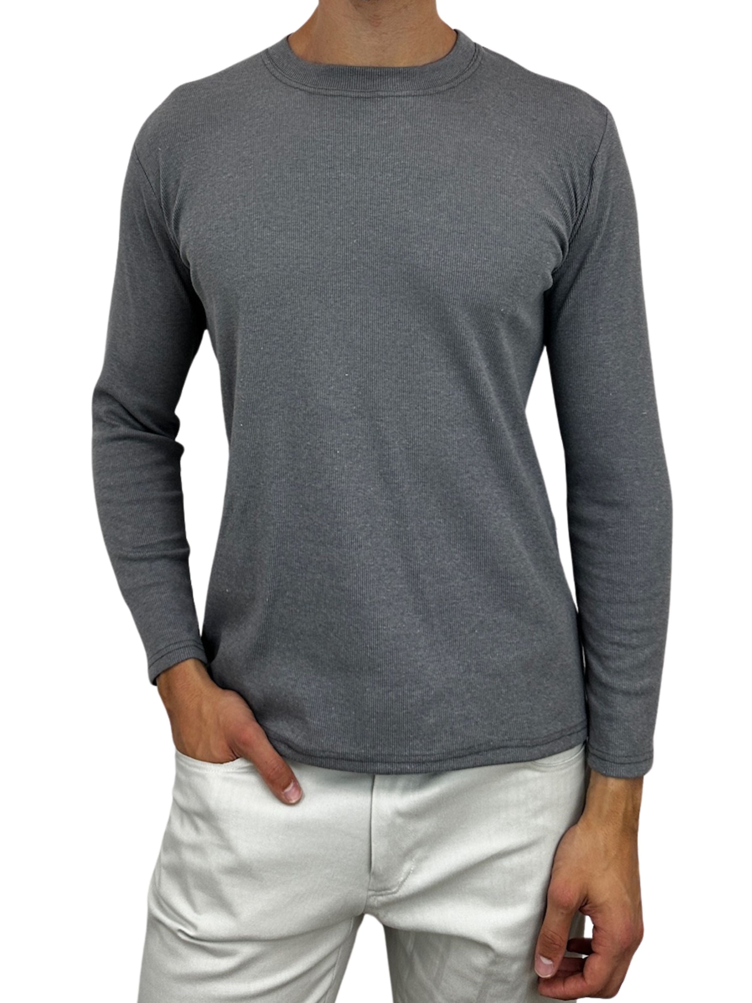 Grey Ribbed Cotton L/S Tee