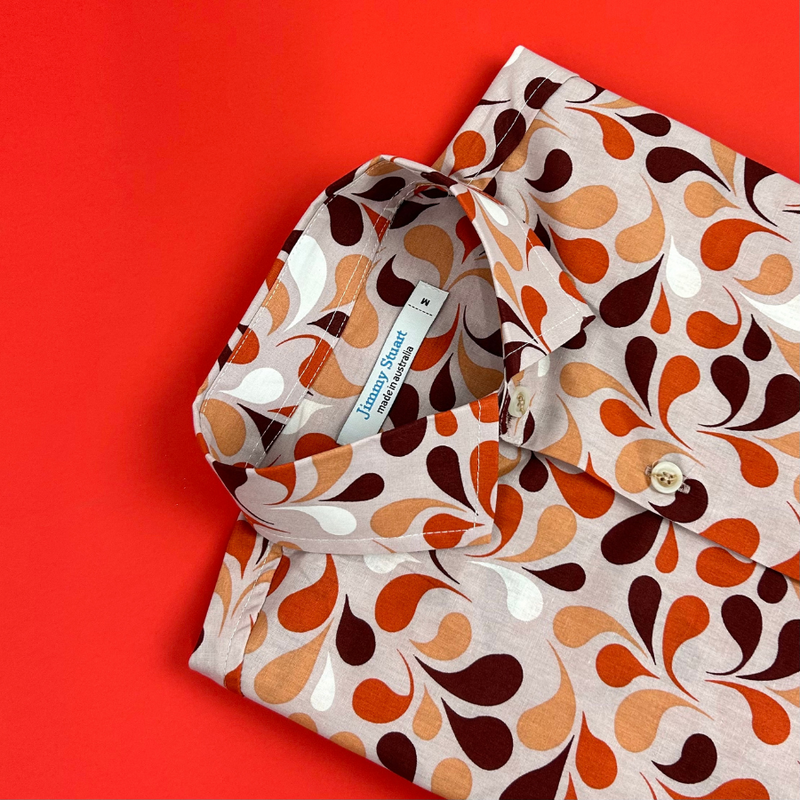 Sixties Abstract Cotton L/S Big Mens Shirt - Orange