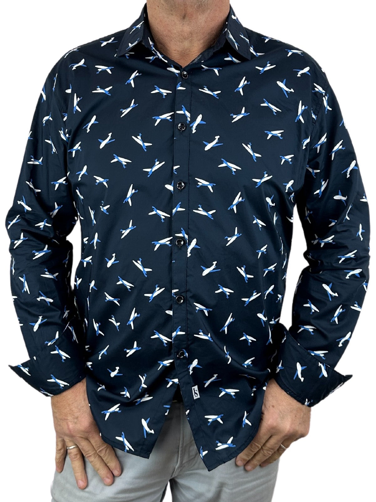 Aero Geometric Cotton L/S Shirt - Navy