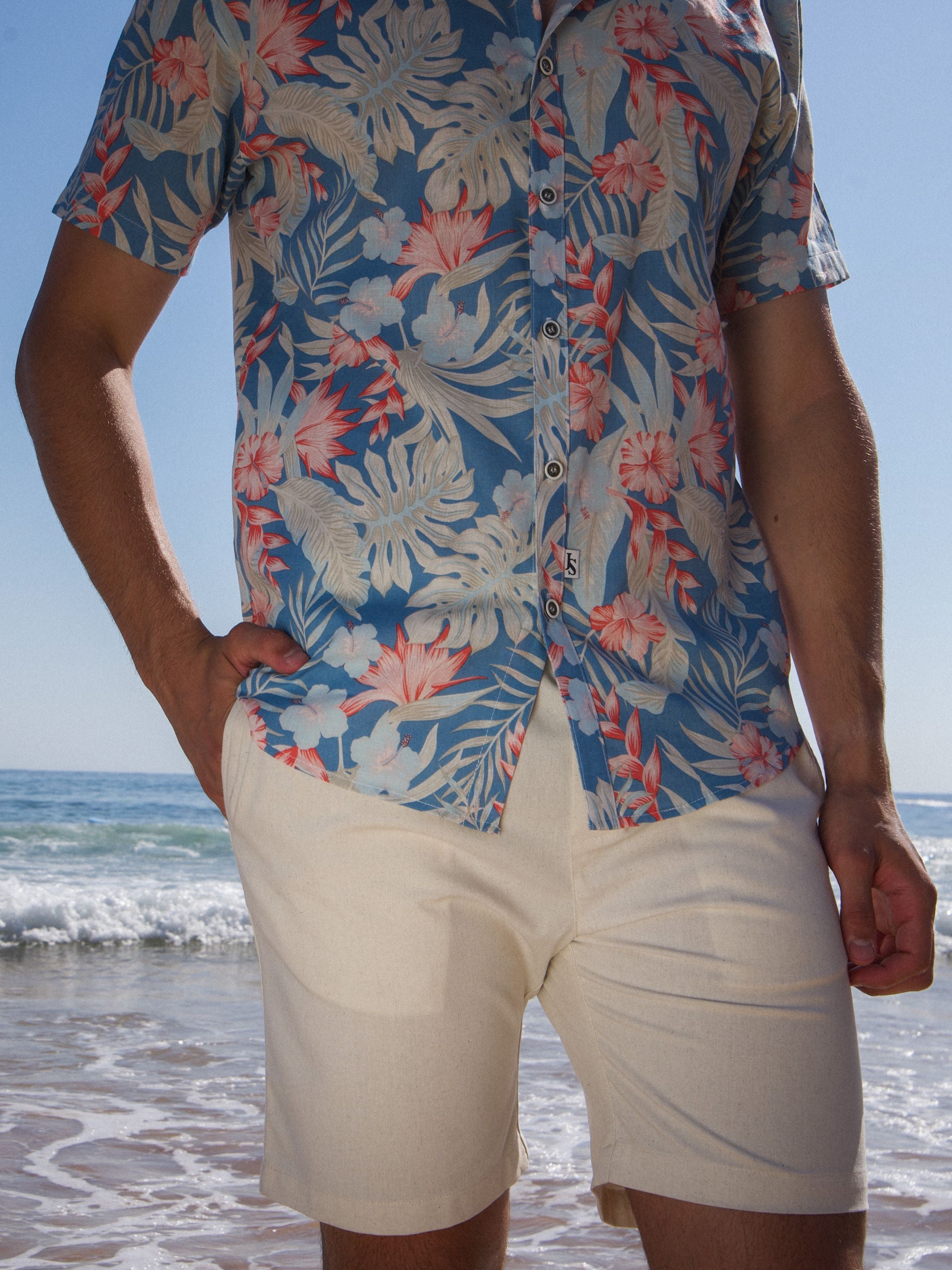 Antigua Hawaiian Linen S/S Shirt- Blue/Orange