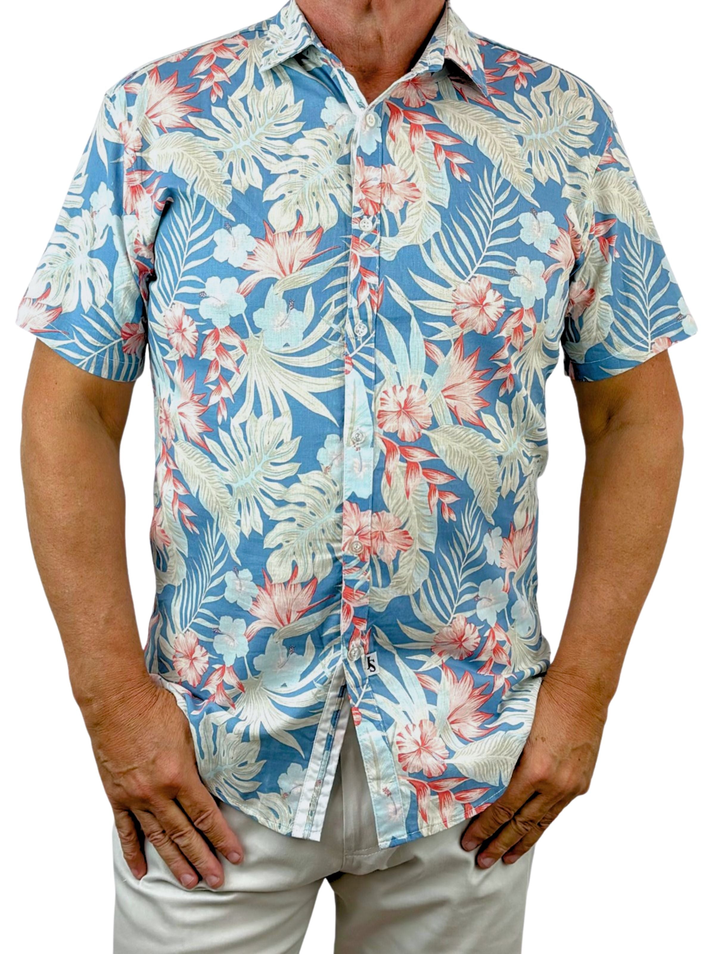 Antigua Hawaiian Linen S/S Shirt- Blue/Orange