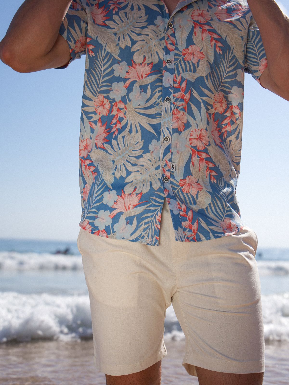 Antigua Hawaiian Linen S/S Big Mens Shirt- Blue/Orange