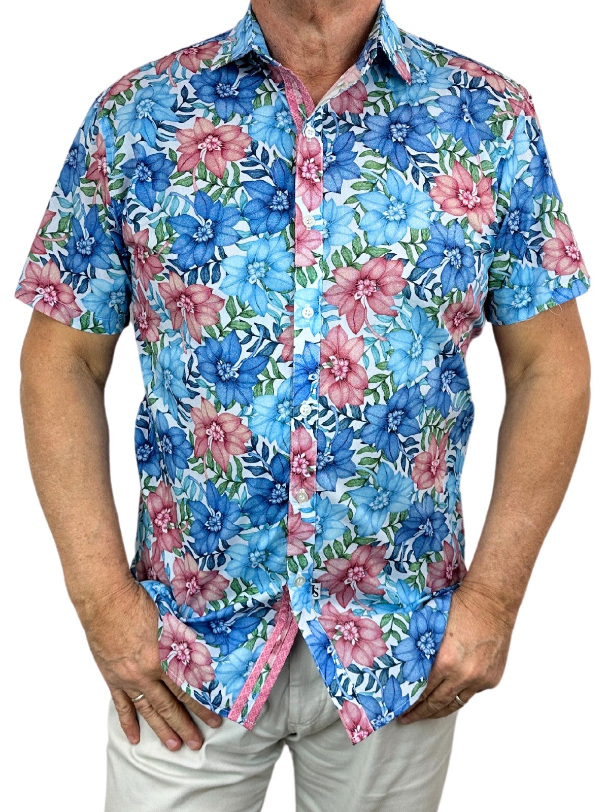 Azure Floral Cotton S/S Big Mens Shirt - Coral