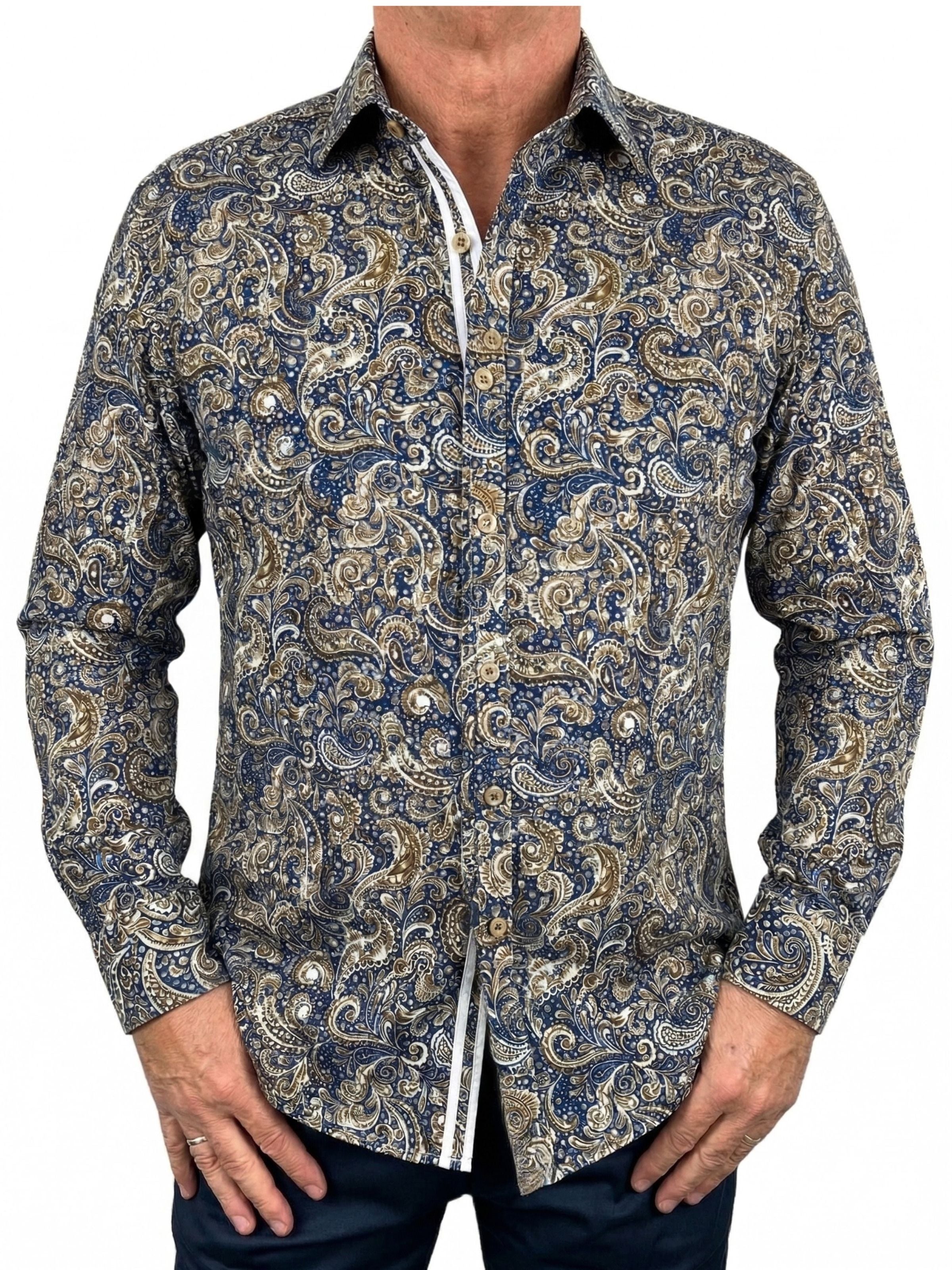 Barocco Paisley Cotton L/S Shirt - Blue/Brown